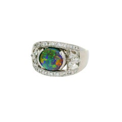 1,37 Karat Australischer Schwarzer Opal Diamant 18K Weißgold Ring