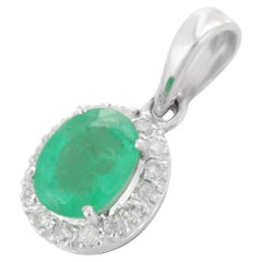 Ciondolo con diamante smeraldo naturale taglio ovale grande da 1,34 carati in oro bianco 18 carati