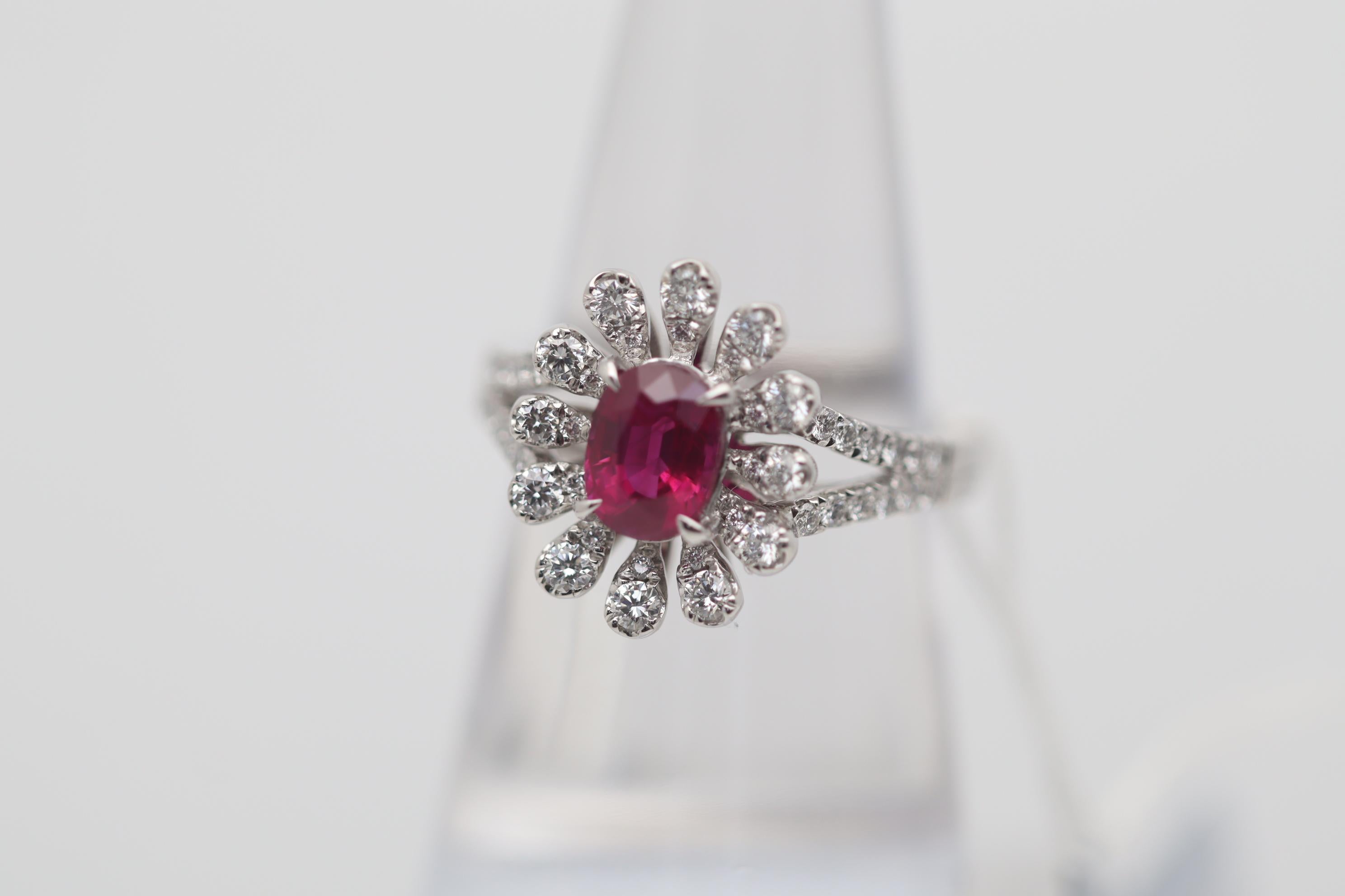 Oval Cut 1.37 Carat Burmese Ruby Diamond Platinum Flower Ring, GIA Certified For Sale