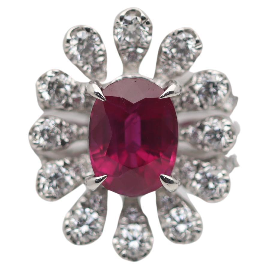 1.37 Carat Burmese Ruby Diamond Platinum Flower Ring, GIA Certified For Sale