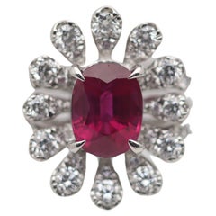 1.37 Carat Burmese Ruby Diamond Platinum Flower Ring, GIA Certified