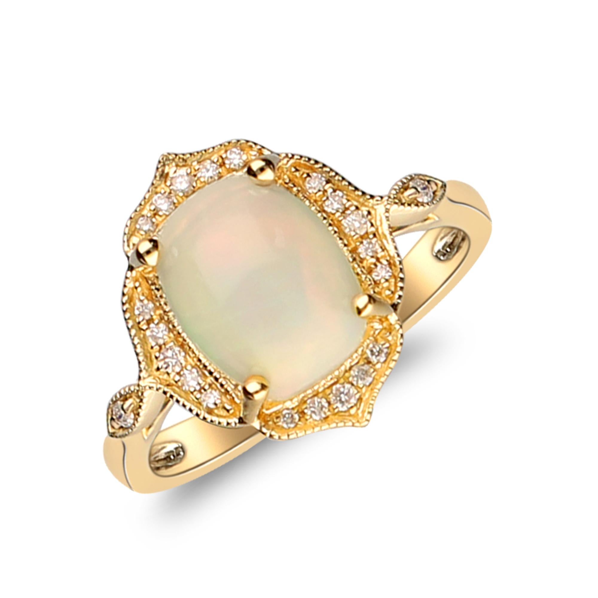 Art Deco 1.37 Carat Cushion Cut Ethiopian Opal Diamond 14K Yellow Gold Engagement Ring For Sale