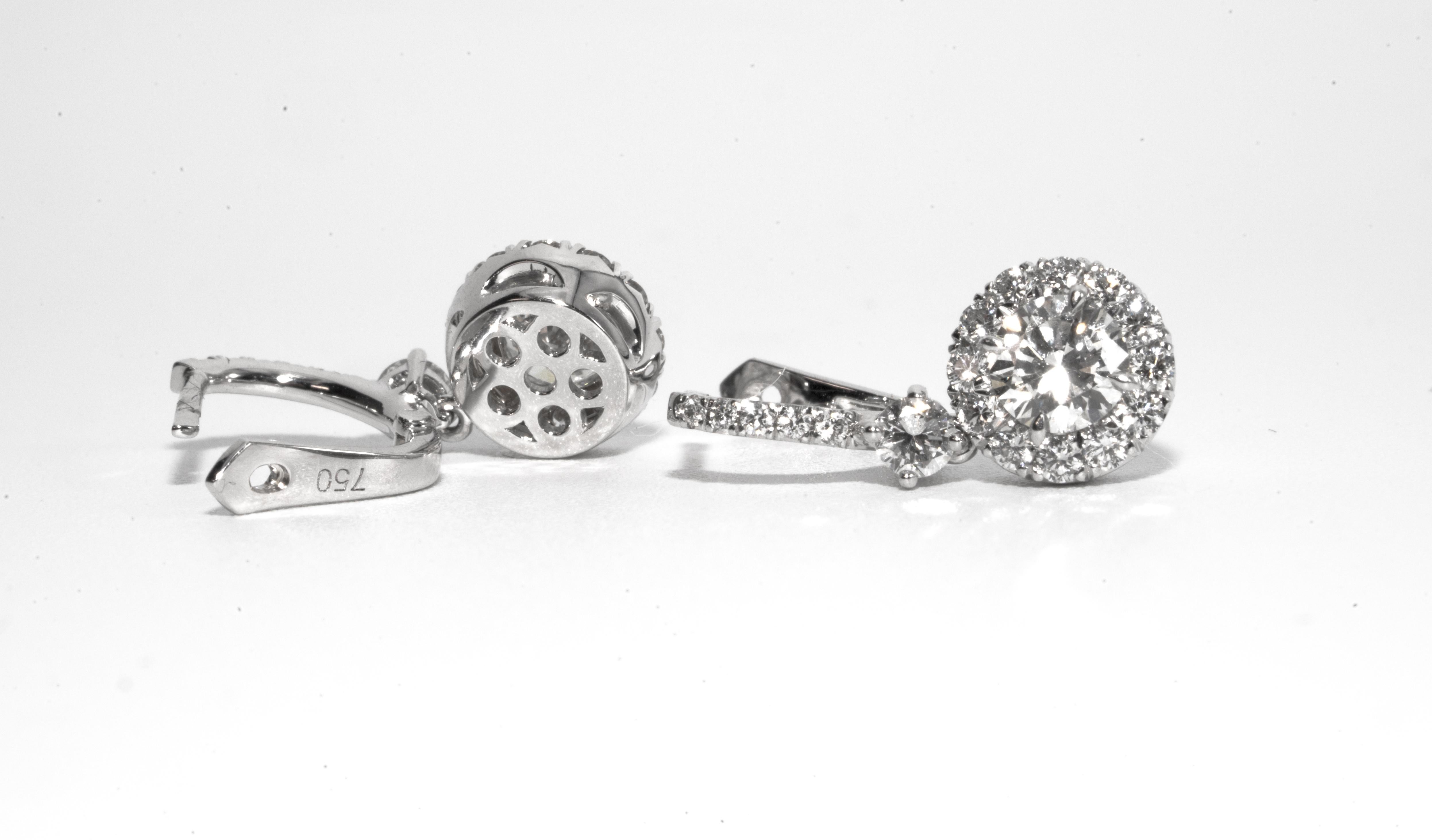Contemporary 1.37 Carat Dangling Halo Diamond Earrings in 18K, by The Diamond Oak