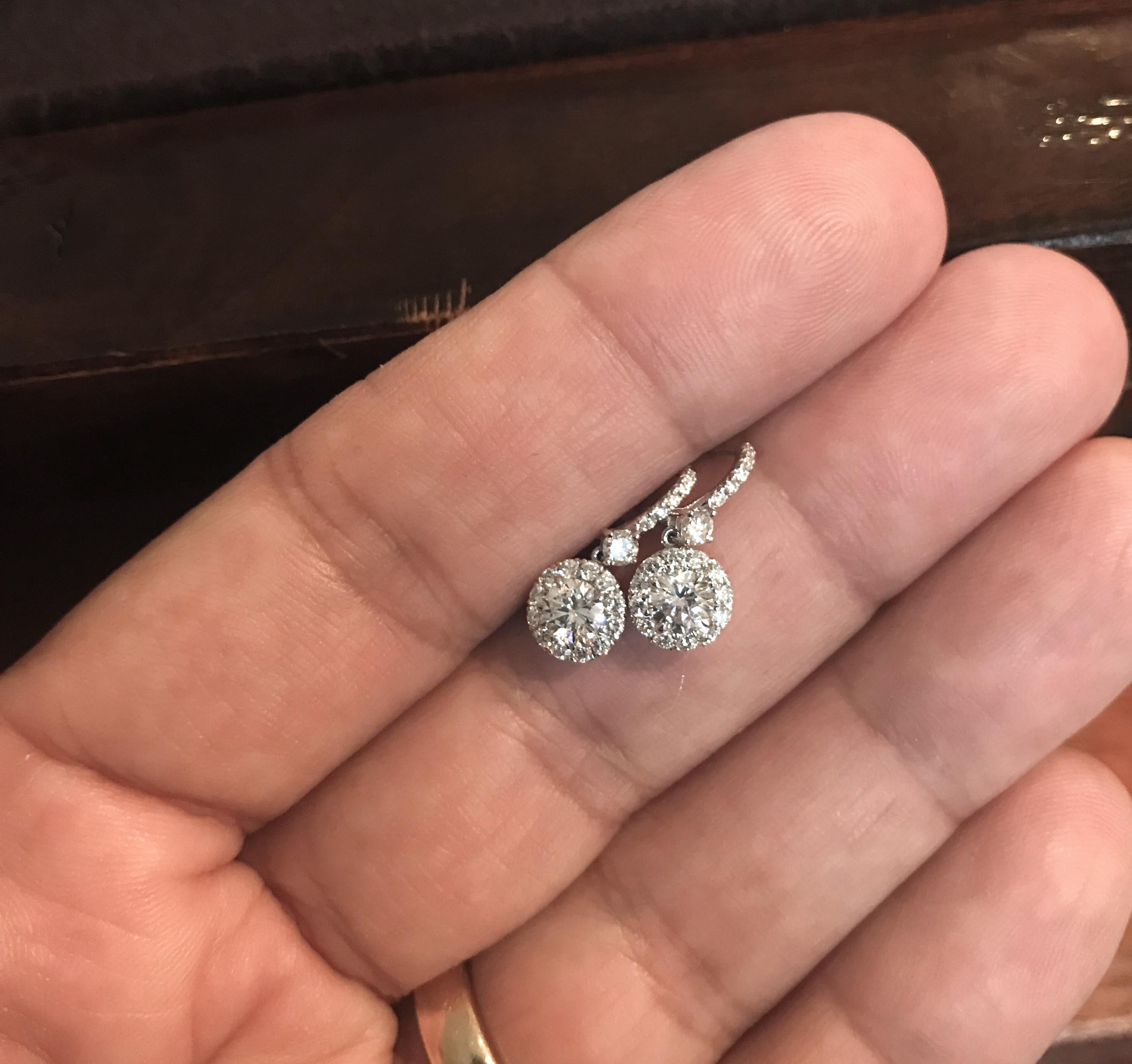 Round Cut 1.37 Carat Dangling Halo Diamond Earrings in 18K, by The Diamond Oak