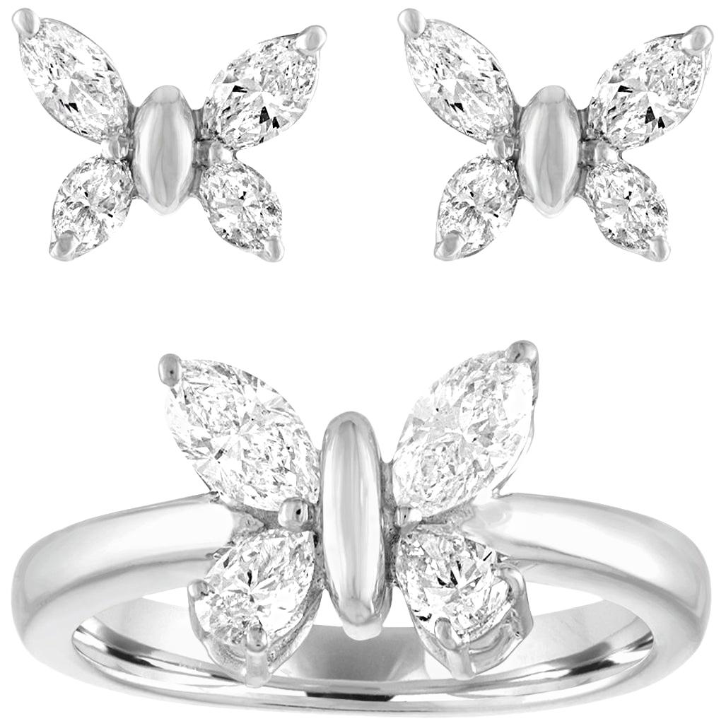 Ensemble boucles d'oreilles et bague papillon en or avec diamants de 1,37 carat