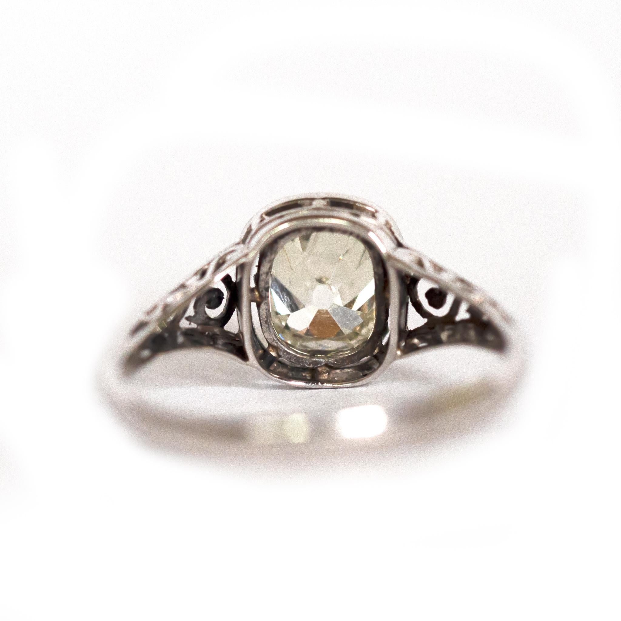 Old Mine Cut 1.37 Carat Diamond White Gold Engagement Ring For Sale