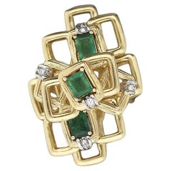 1.37 Carat Emerald and Diamond 18K Gold Geometric Lattice Ring