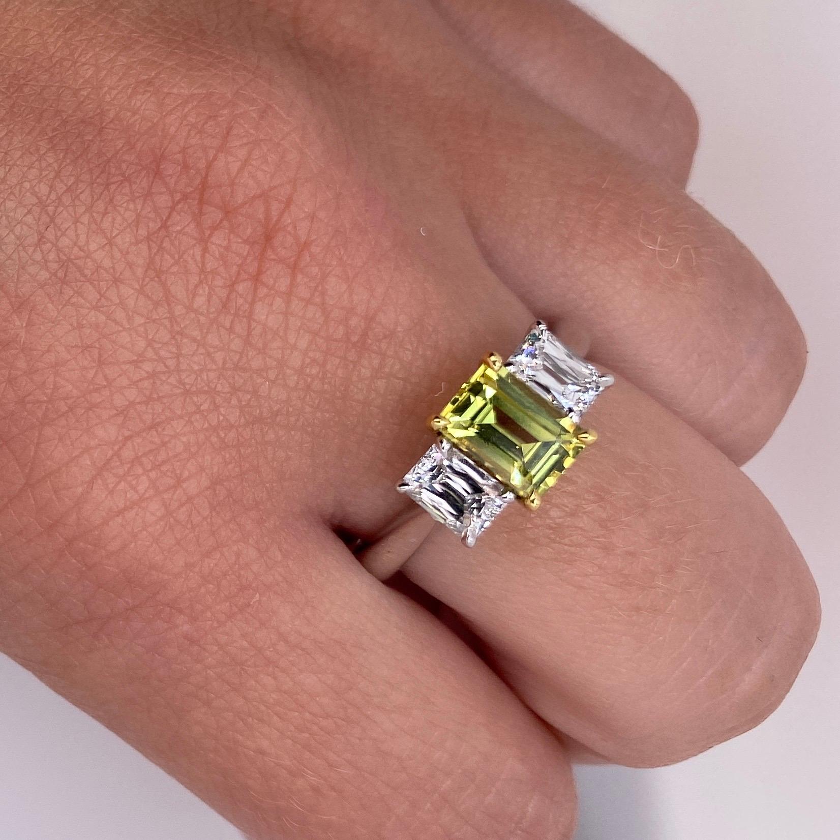 Women's 1.37 Carat Emerald Cut Yellow Sapphire and Diamond Platinum and 18k Ring For Sale