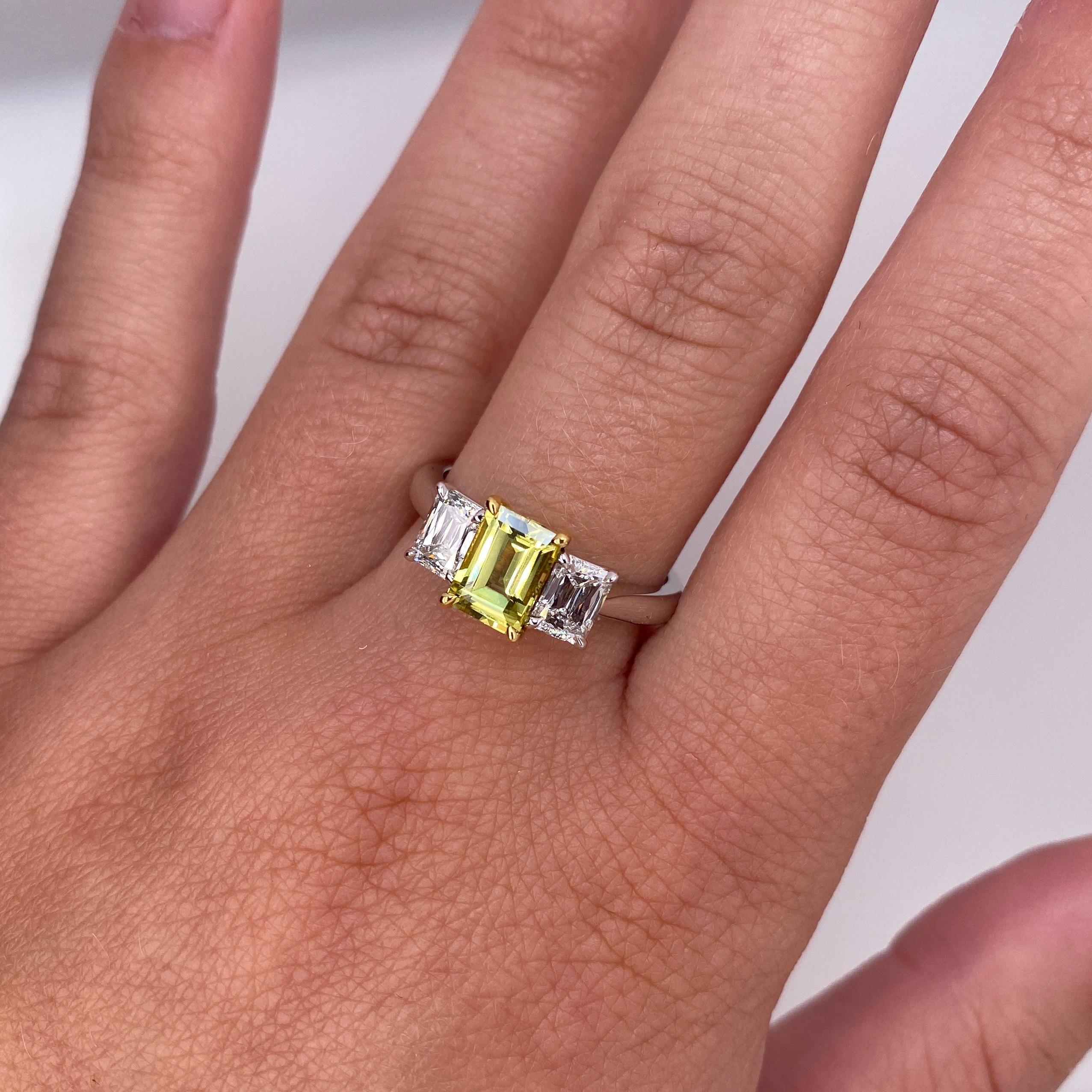 1.37 Carat Emerald Cut Yellow Sapphire and Diamond Platinum and 18k Ring For Sale 1