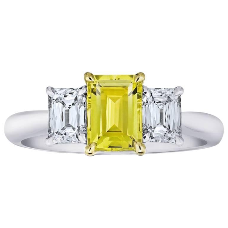 1.37 Carat Emerald Cut Yellow Sapphire and Diamond Platinum and 18k