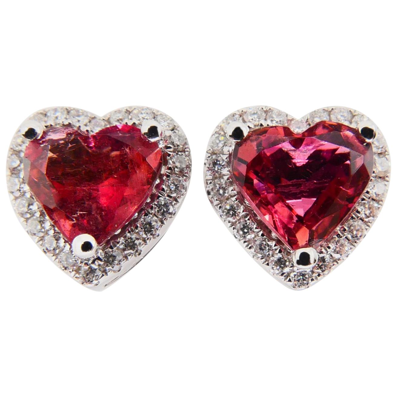 1.37 Carat Heart Shaped Vivid Pink Tourmaline and Diamond Stud Earring For Sale