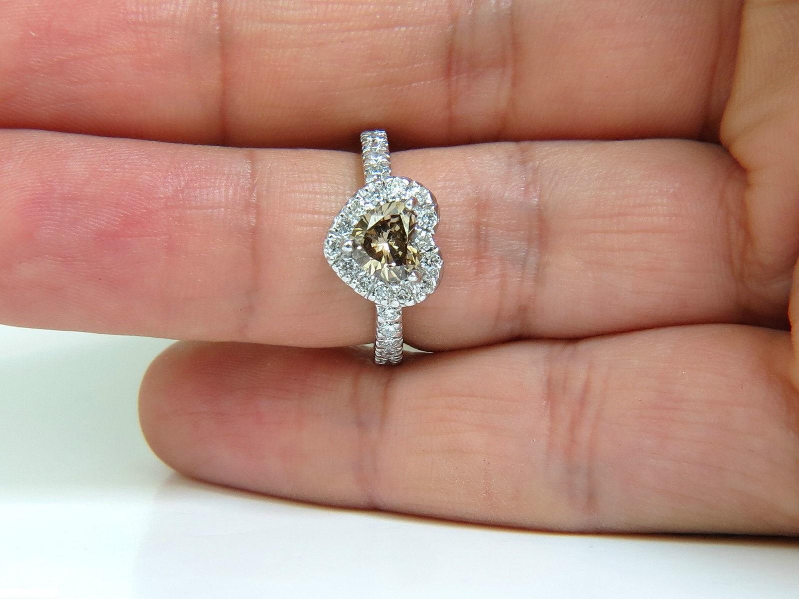 1.37 Carat Natural Fancy Bright Brown Heart Cut Halo Diamond Ring 14 Karat VS For Sale 1