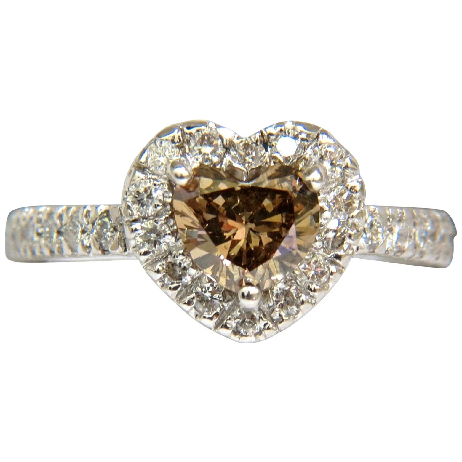 1.37 Carat Natural Fancy Bright Brown Heart Cut Halo Diamond Ring 14 Karat VS For Sale