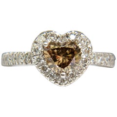 1.37 Carat Natural Fancy Bright Brown Heart Cut Halo Diamond Ring 14 Karat VS*