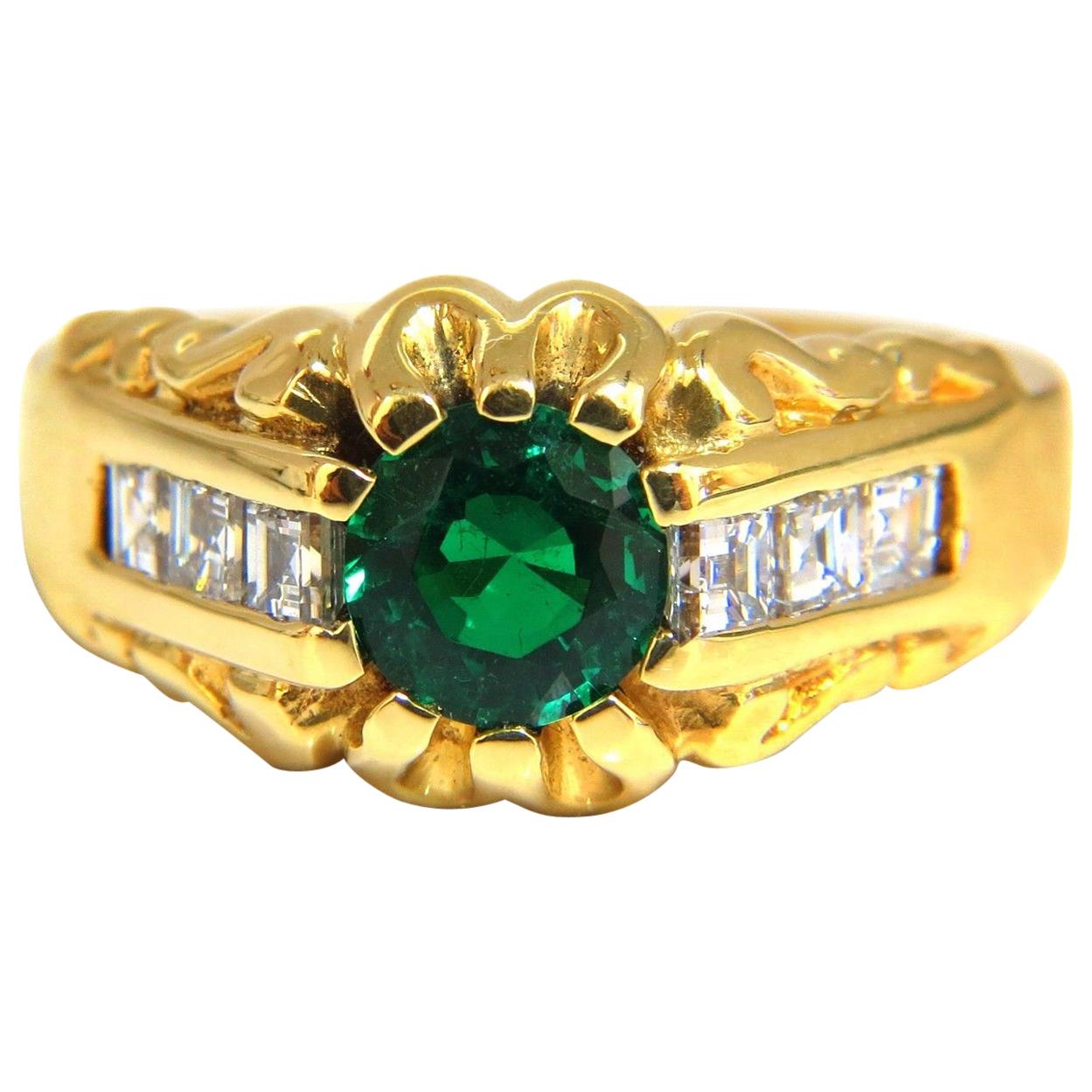 1.37 Carat Natural Round Vivid Green Men's Colombian Emerald Ring 18 Karat