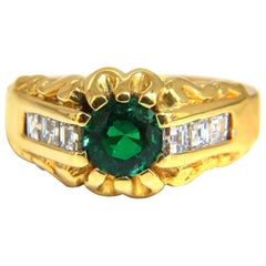 1.37 Carat Natural Round Vivid Green Men's Colombian Emerald Ring 18 Karat