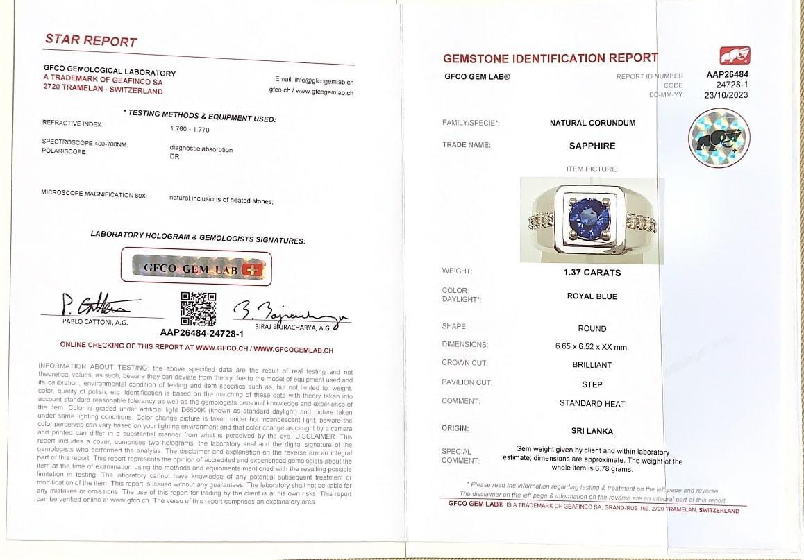 Men's 1.37 Ct Ceylon Blue Sapphire Ring in 18K White Gold For Sale 4