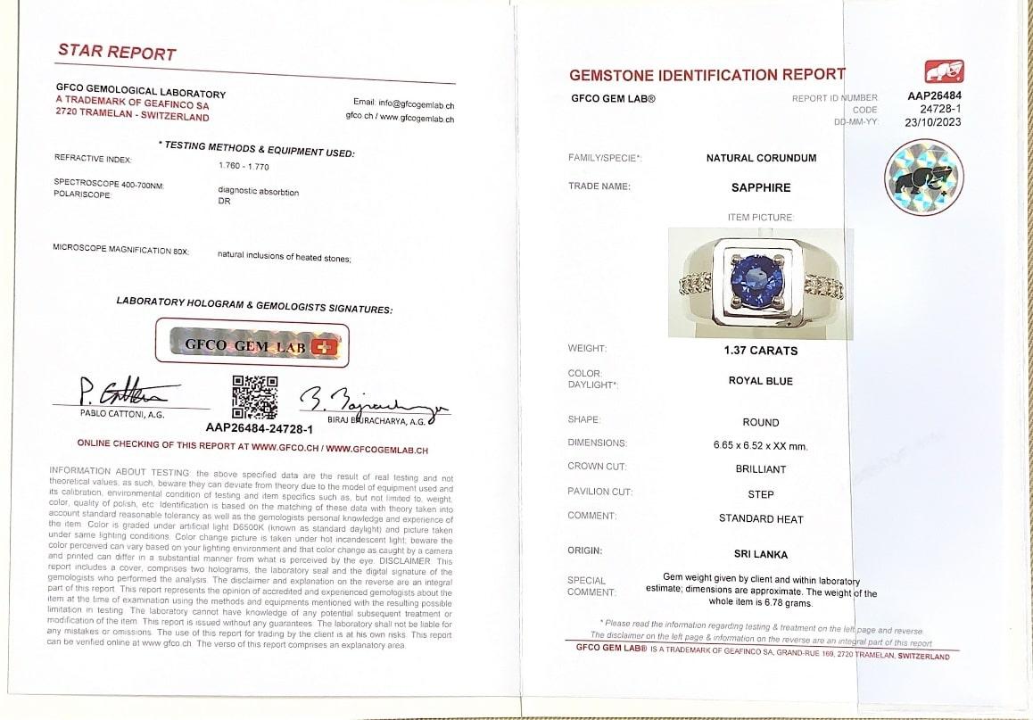 Men's 1.37 Ct Ceylon Blue Sapphire Ring in 18K White Gold 2