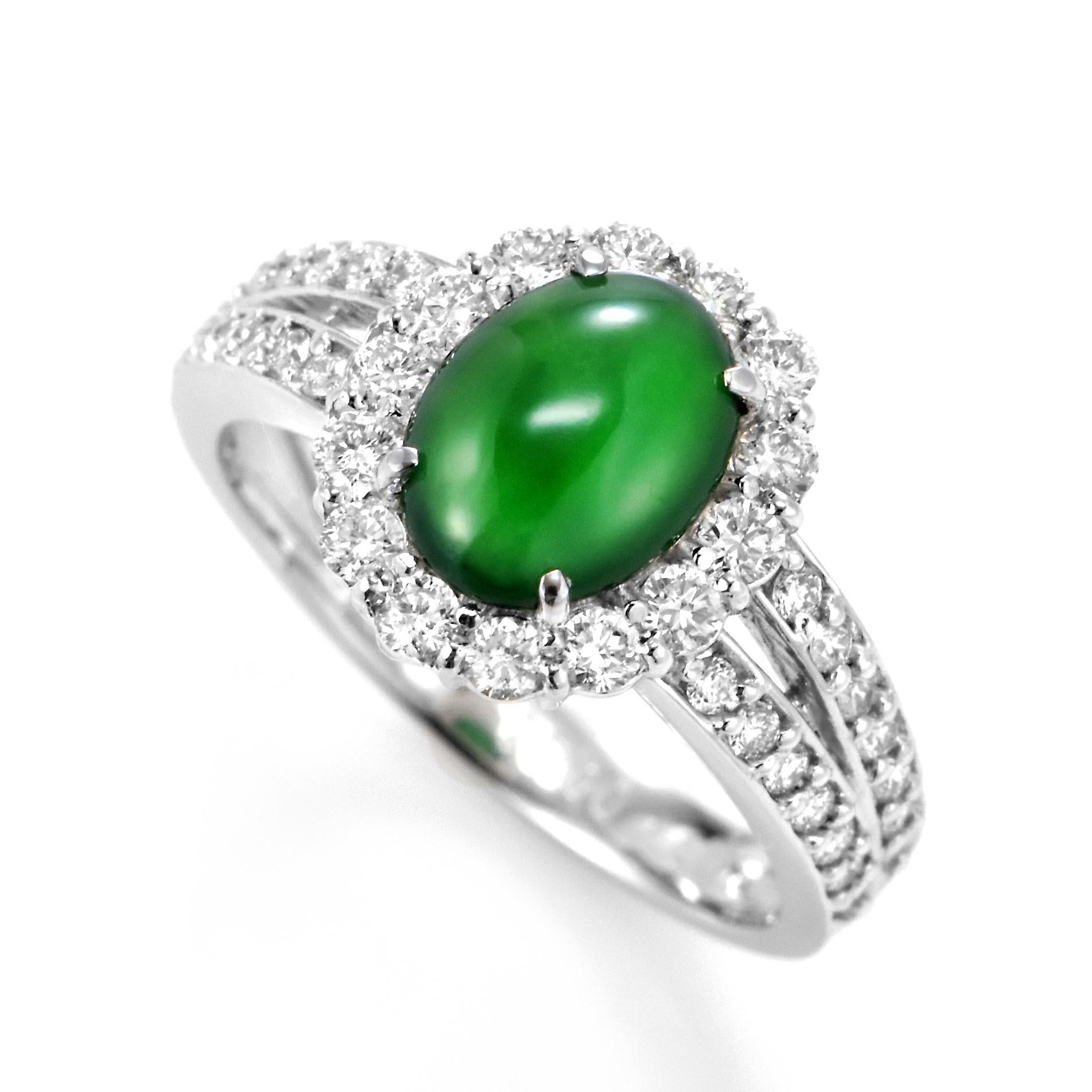 A beautiful Ring featuring a 1.37 Carat, Natural, Non-dyed Jadeite and 0.61 Carats of Diamond Accents set in Platinum. Jadeite has been cherished for millennia. Its nature is pure and enduring, yet sensuous and luxurious. Jadeite’s exceptional look