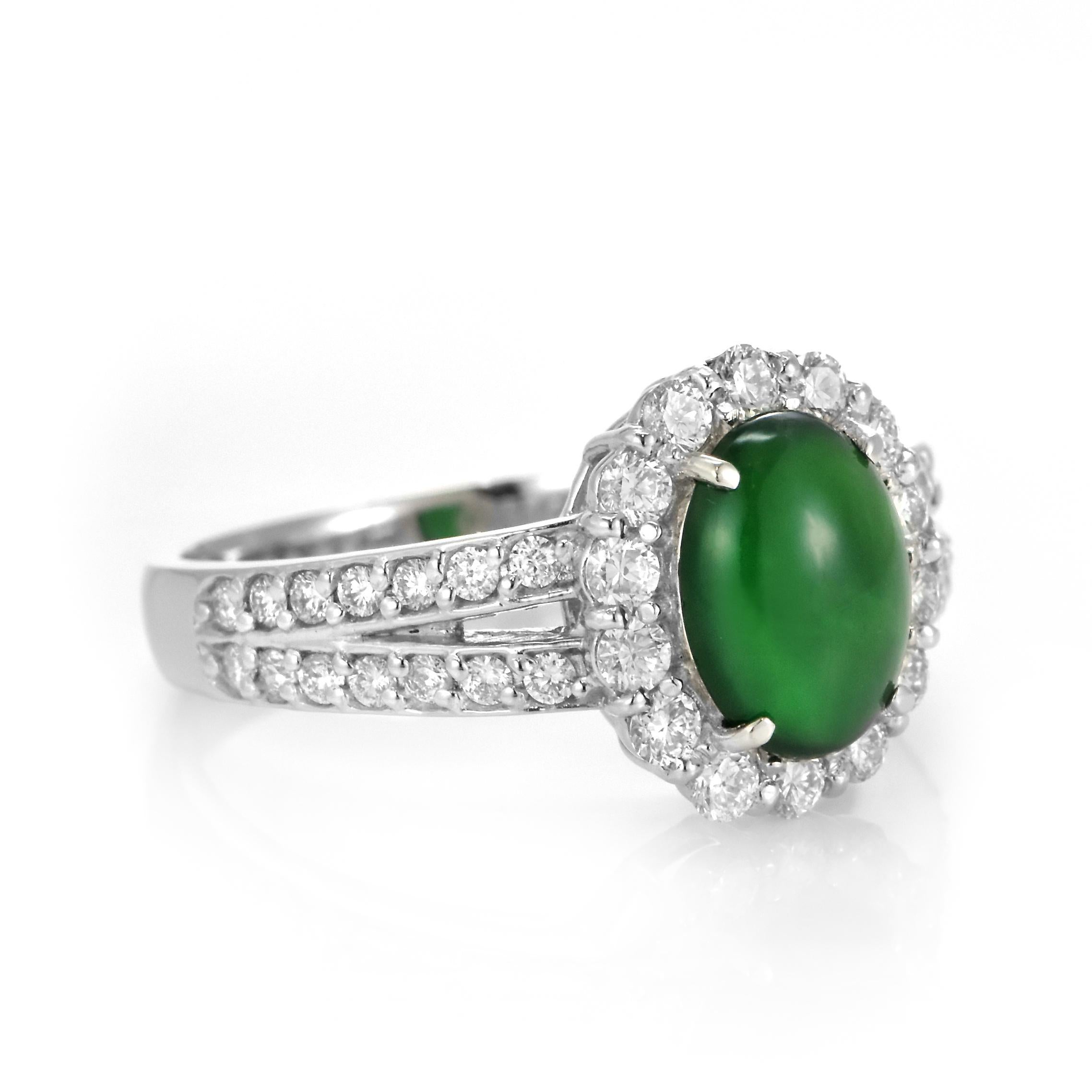Modern 1.37 Carat Natural Type A Jade and Diamond Ring Made in Platinum For Sale
