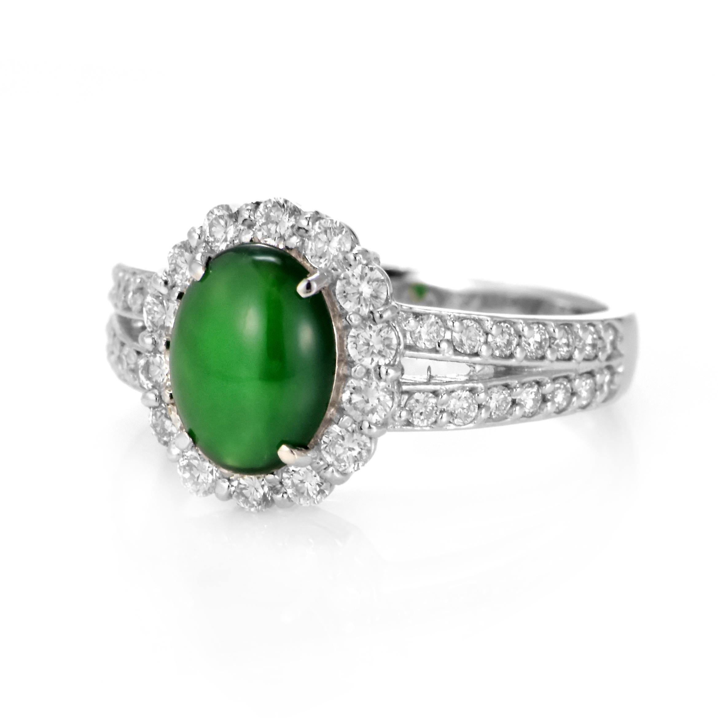 Cabochon 1.37 Carat Natural Type A Jade and Diamond Ring Made in Platinum For Sale