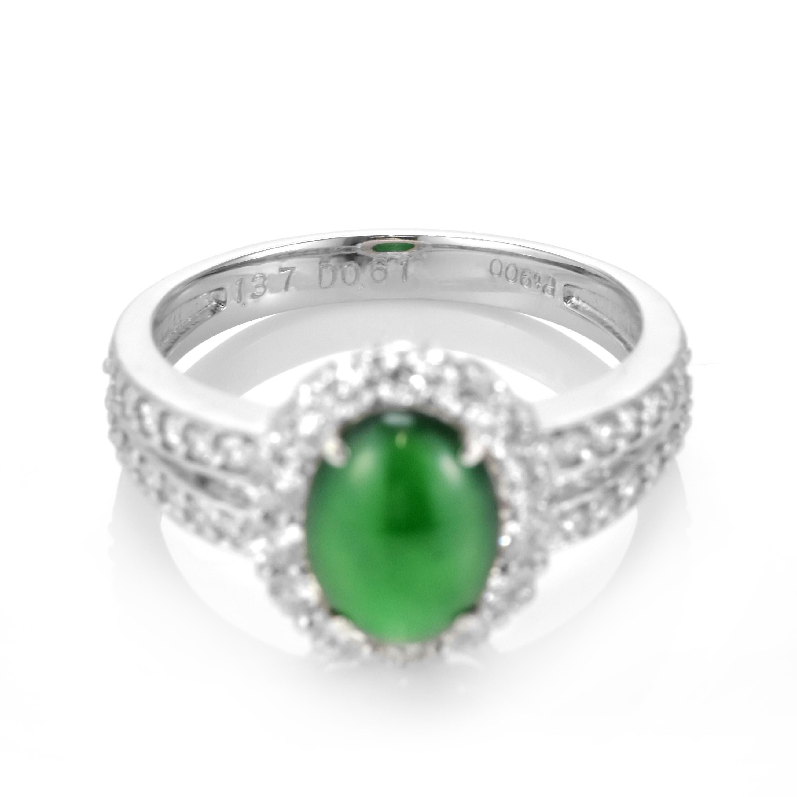 1.37 Carat Natural Type A Jade and Diamond Ring Made in Platinum For Sale 2