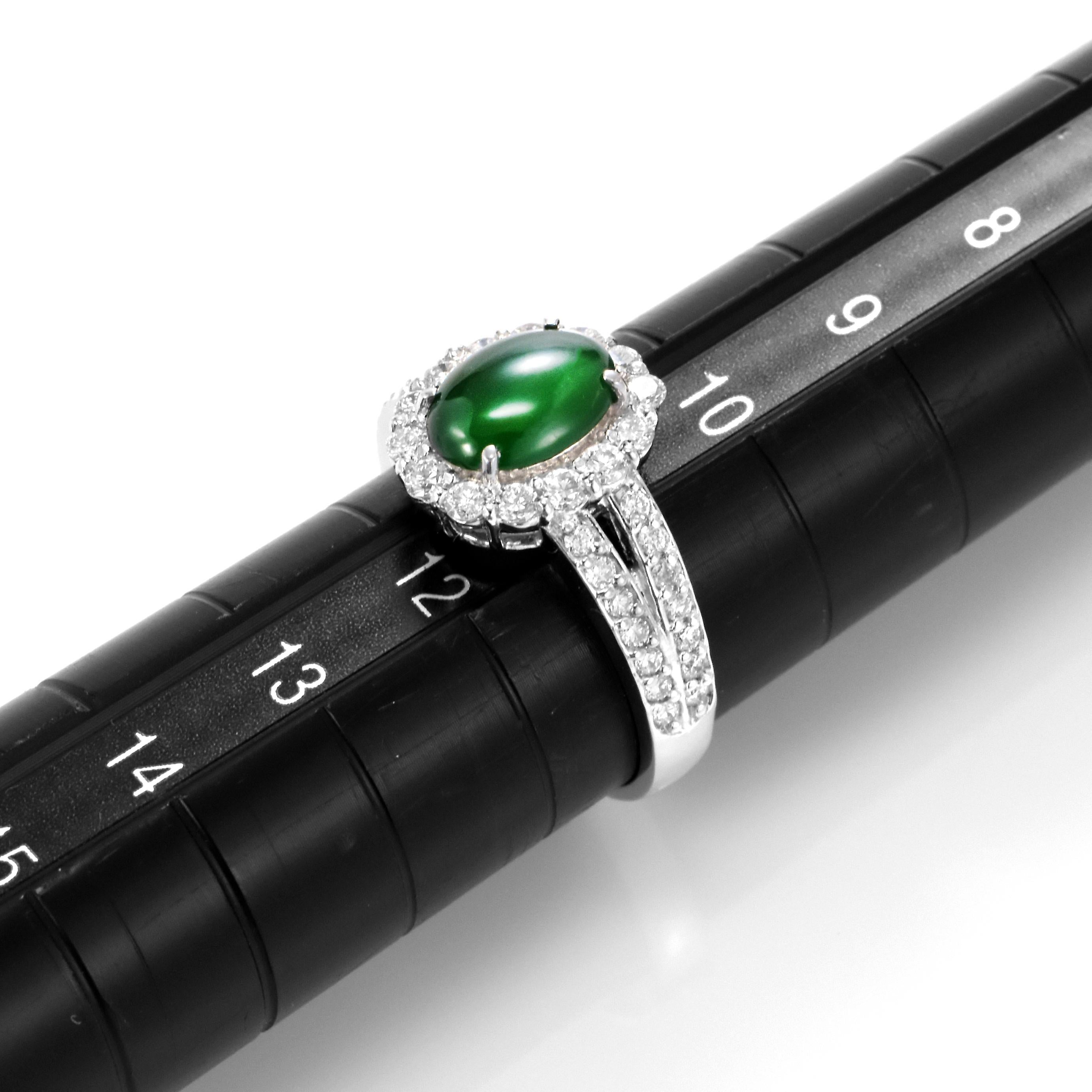 1.37 Carat Natural Type A Jade and Diamond Ring Made in Platinum For Sale 3