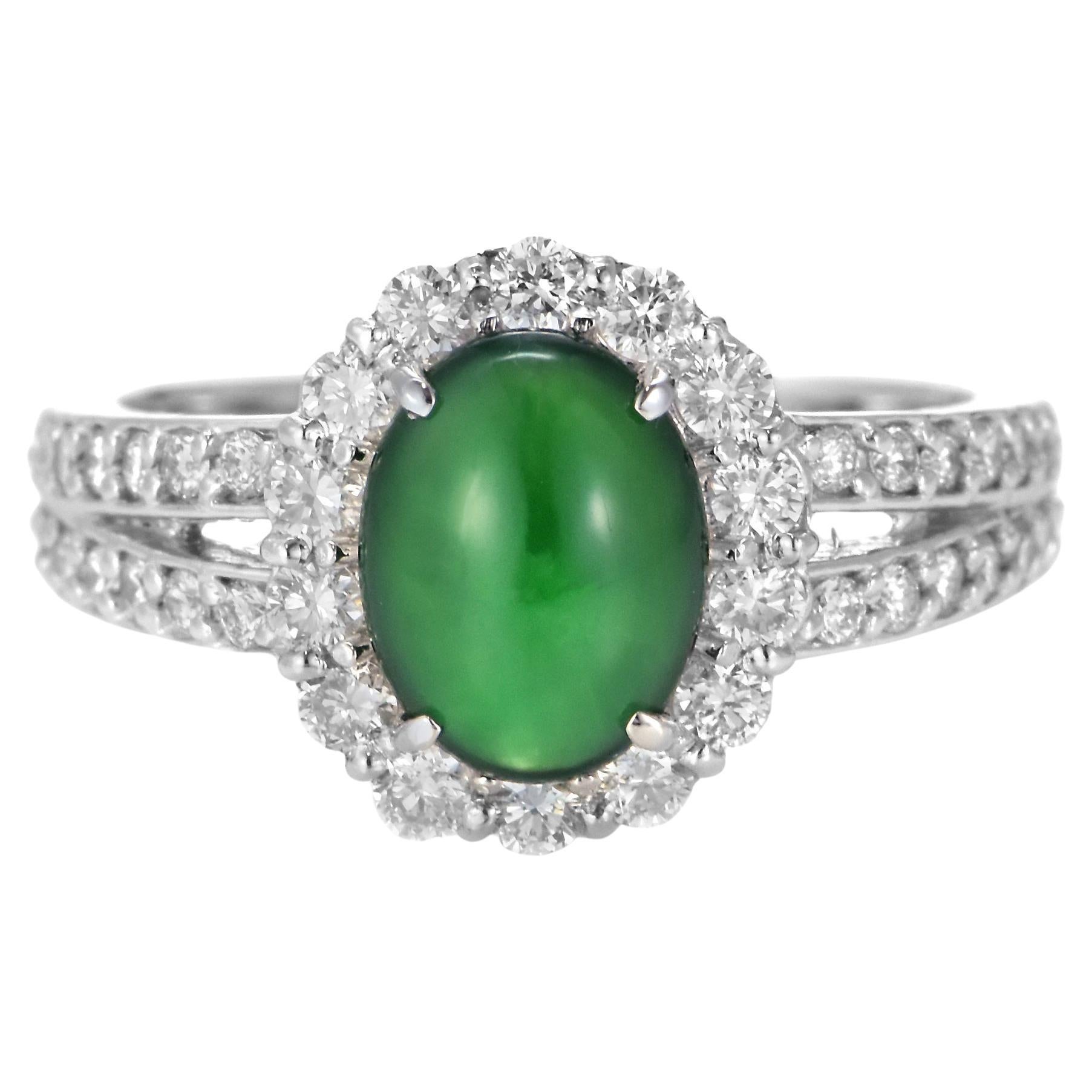 1.37 Carat Natural Type A Jade and Diamond Ring Made in Platinum For Sale