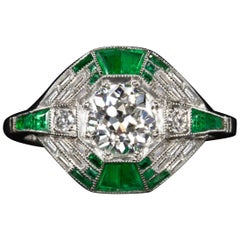 1.37 Carat Old European Cut Diamond Engagement Ring Emerald Platinum