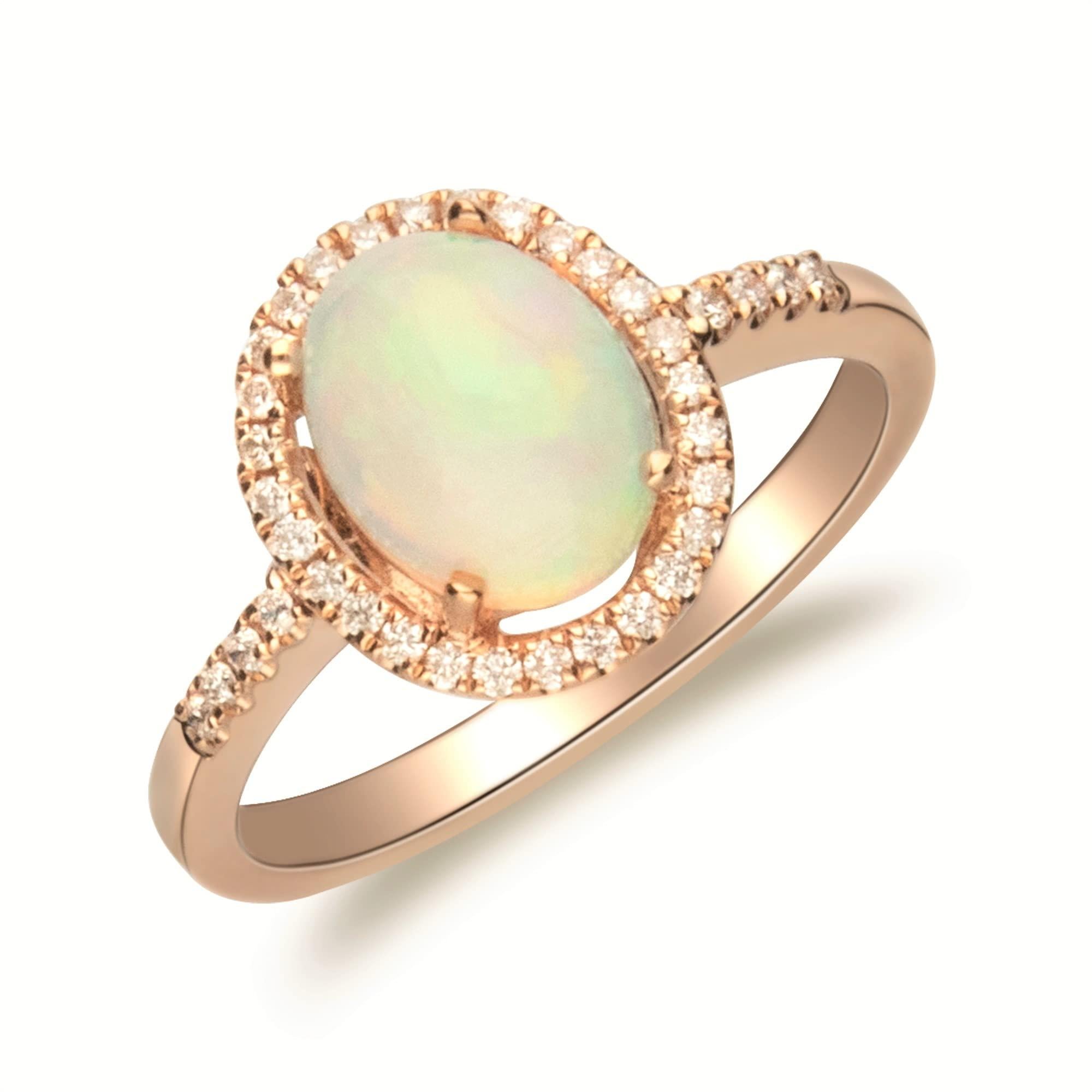 1.37 Carat Oval-Cab Ethiopian Opal Diamond Accents 14K Yellow Gold Ring In New Condition For Sale In New York, NY