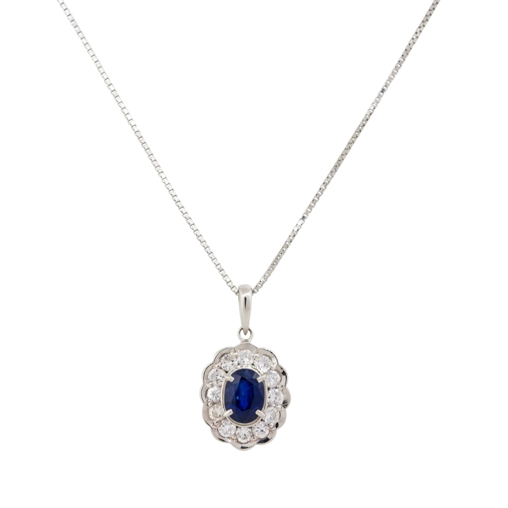 Material: Platinum
Diamond Details: Approx. 0.70ctw of round cut Diamonds. Diamonds are G/H in color and VS in clarity
Gemstone Details: Approx. 1.37ctw oval cut Sapphire gemstone
Clasps: Lobster clasp
Total Weight: 6.8g (4.3dwt) 
Pendant