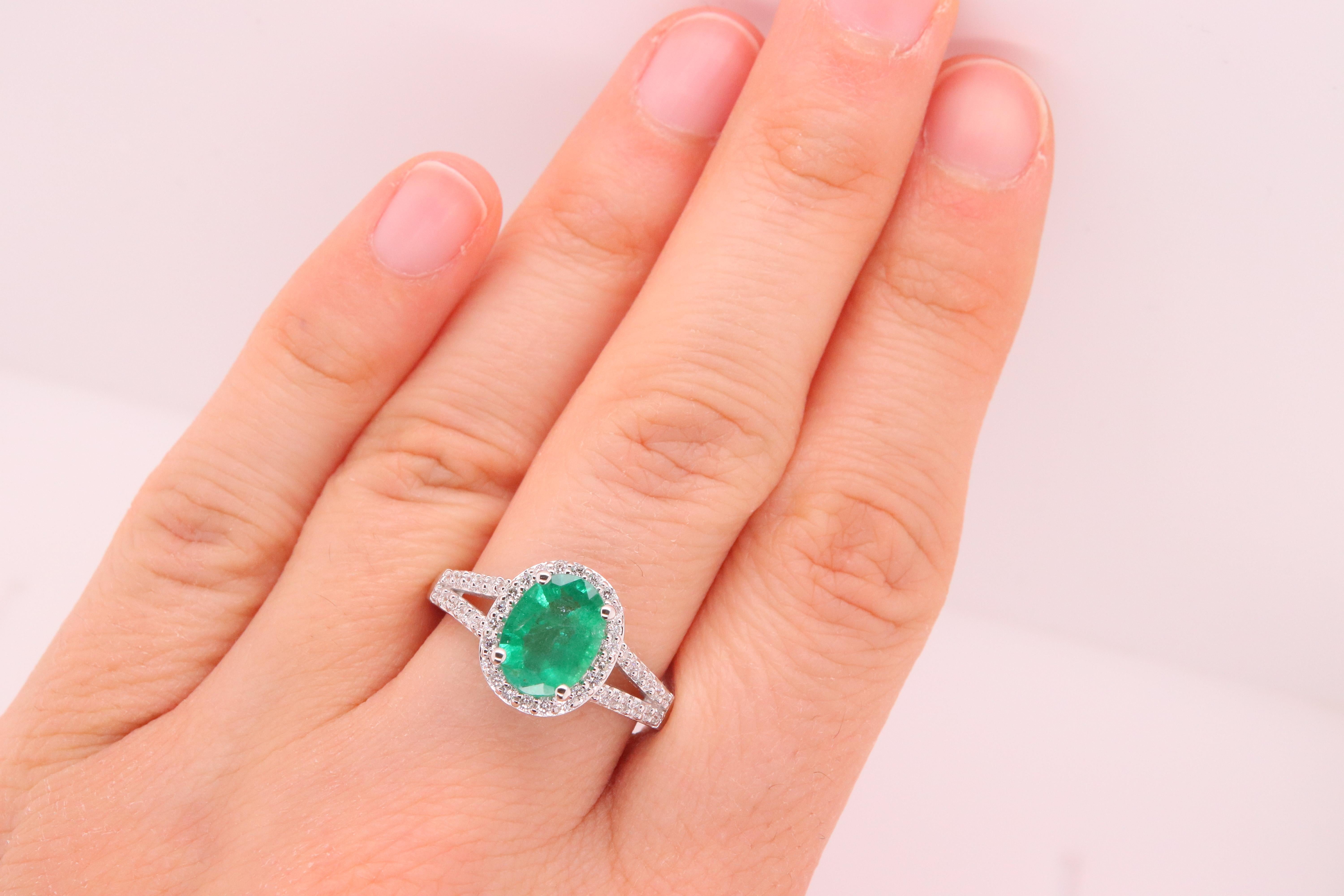 Material: 18k White Gold 
Center Stone Details: 1 Oval Emerald at 1.37 Carats - Measuring 9 x 7 mm
Diamond Details: 46 Brilliant Round Diamonds at 0.36 Carats - Clarity: SI / Color: H-I
Ring Size: 7. Alberto offers complimentary sizing on all