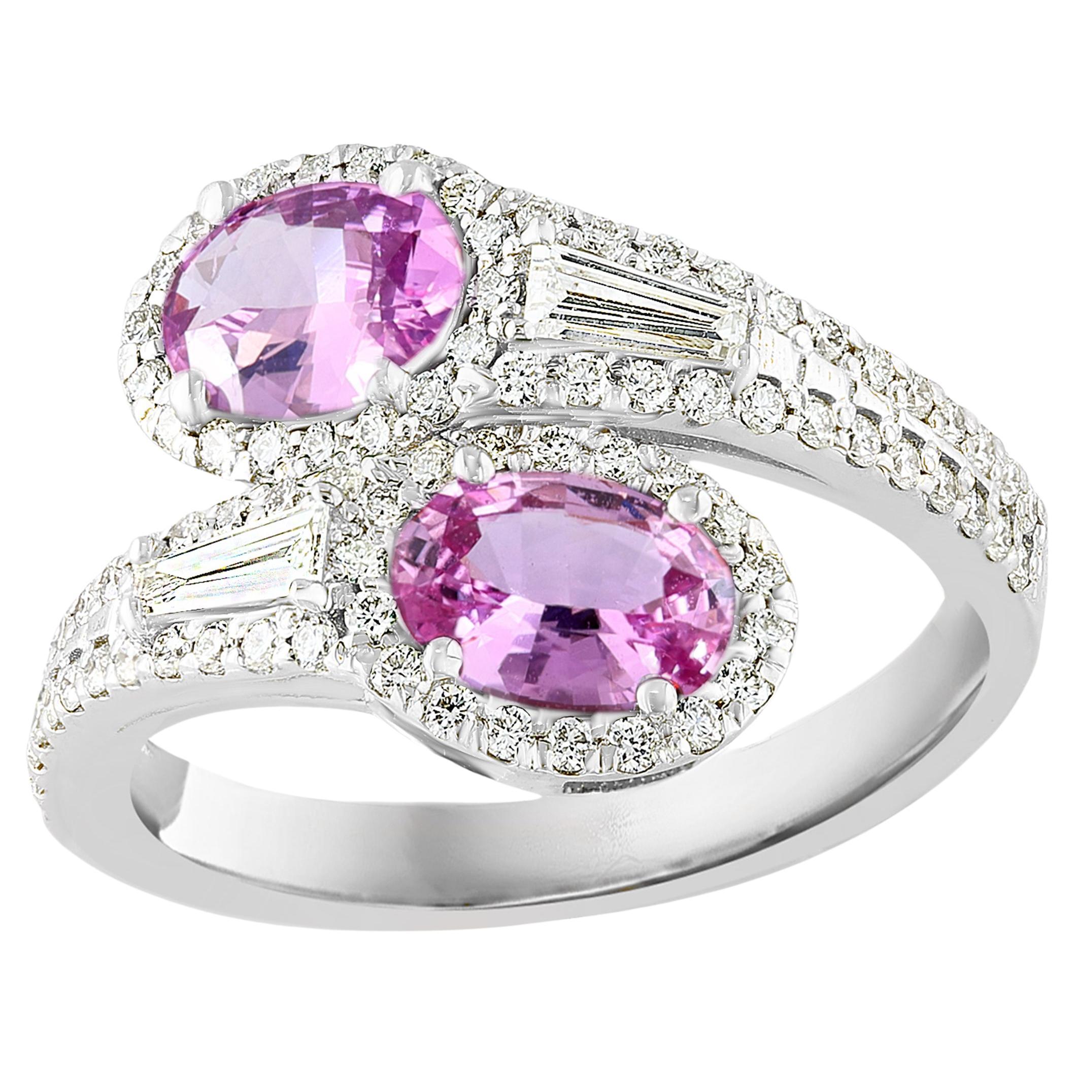 1.37 Carat Ovalcut Pink Sapphire Diamond Toi Et Moi Engagementring 14K Whitegold For Sale
