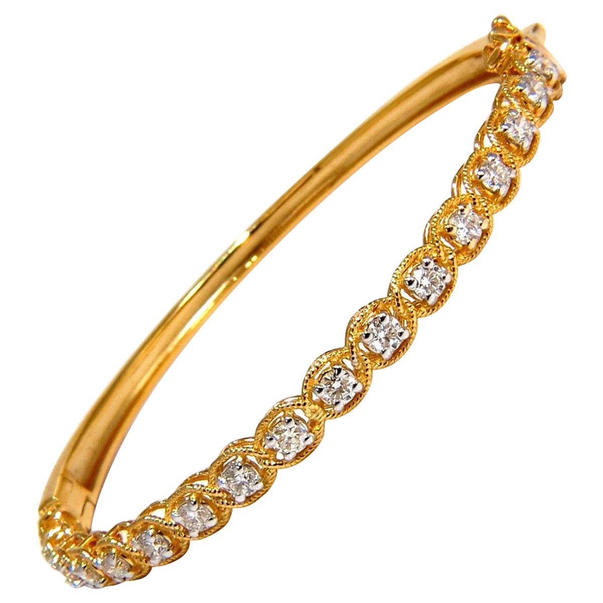 Bracelet jonc en or 14 carats avec étui en forme de corde torsadée et diamants ronds naturels de 1,37 carat