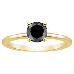 1.37 Carat Round Black Diamond Solitaire Ring in 14K Yellow Gold