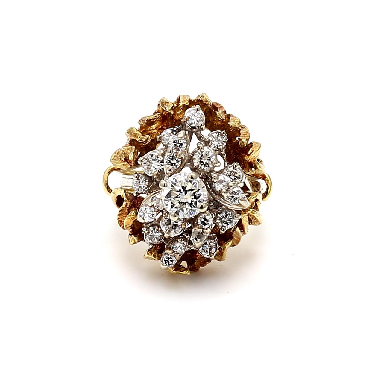 1.37 Carat Round Brilliant Diamond 18 Karat Two Tone Gold/Platinum Cocktail Ring For Sale 5