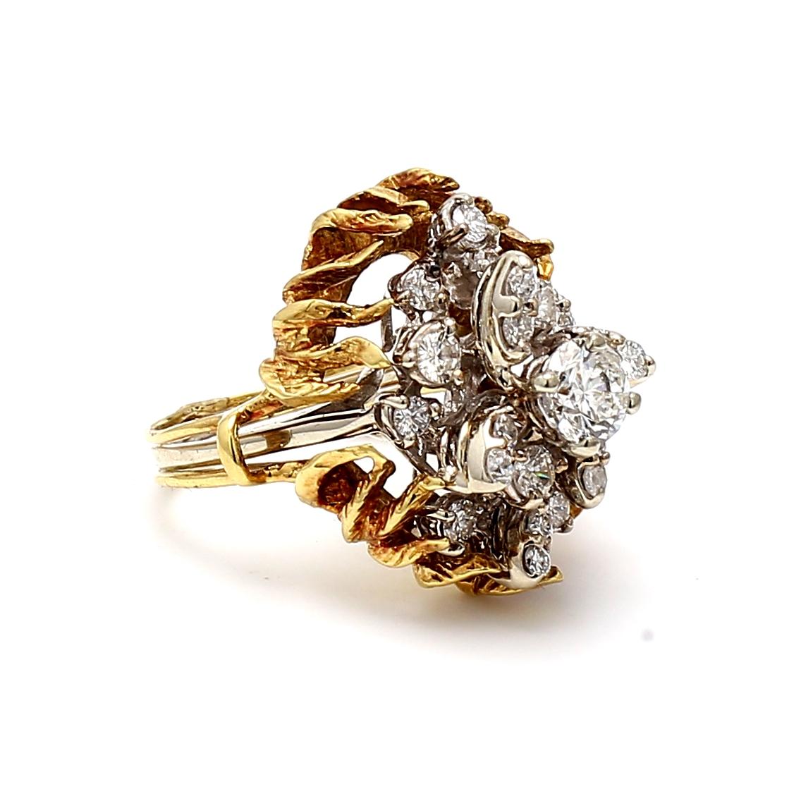 Brilliant Cut 1.37 Carat Round Brilliant Diamond 18 Karat Two Tone Gold/Platinum Cocktail Ring For Sale