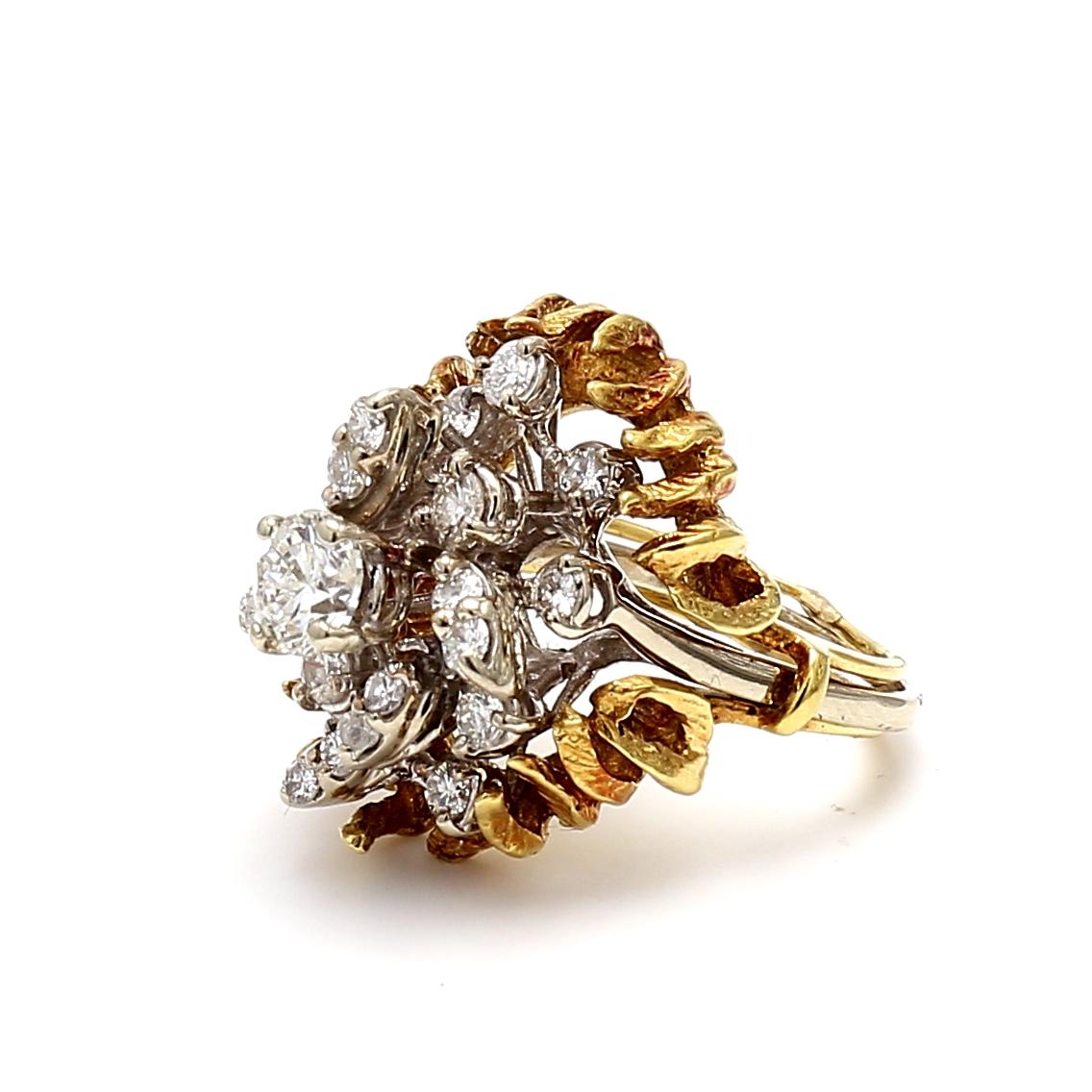 1.37 Carat Round Brilliant Diamond 18 Karat Two Tone Gold/Platinum Cocktail Ring For Sale 4