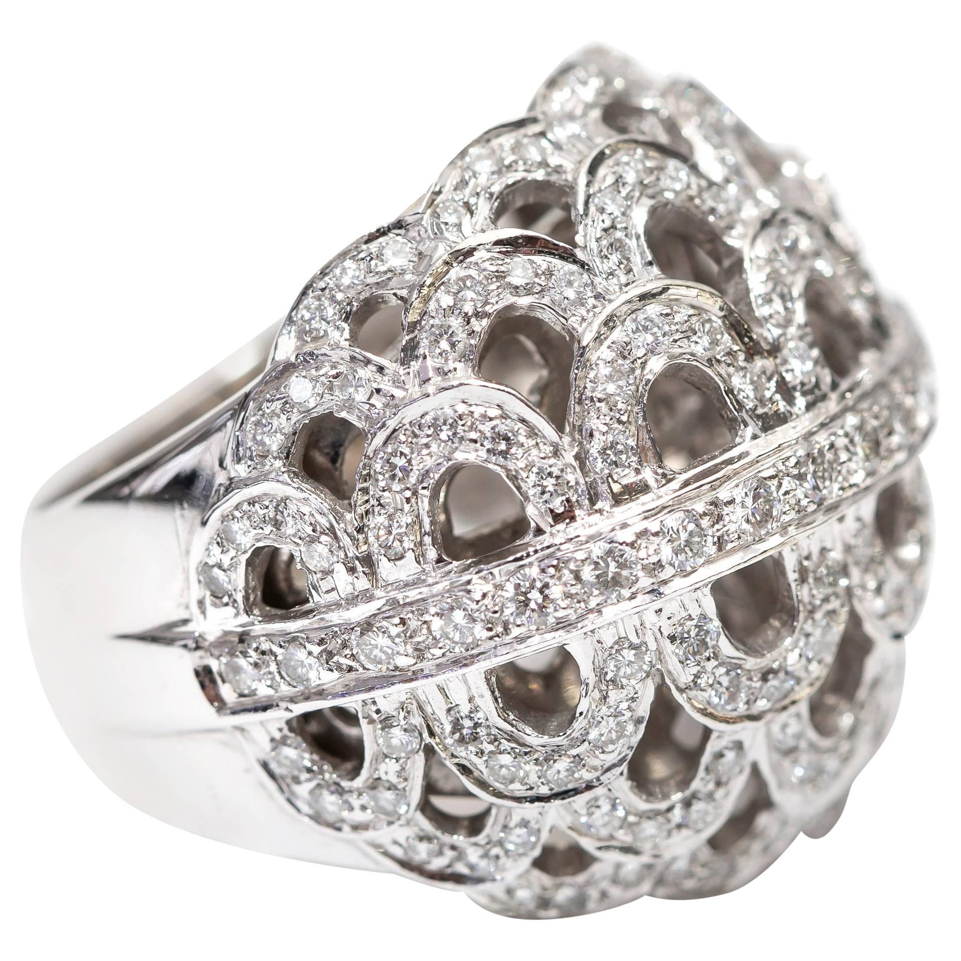 1.37 Carat Round Diamond 18 Karat White Gold Fancy Cocktail Contemporary Ring For Sale