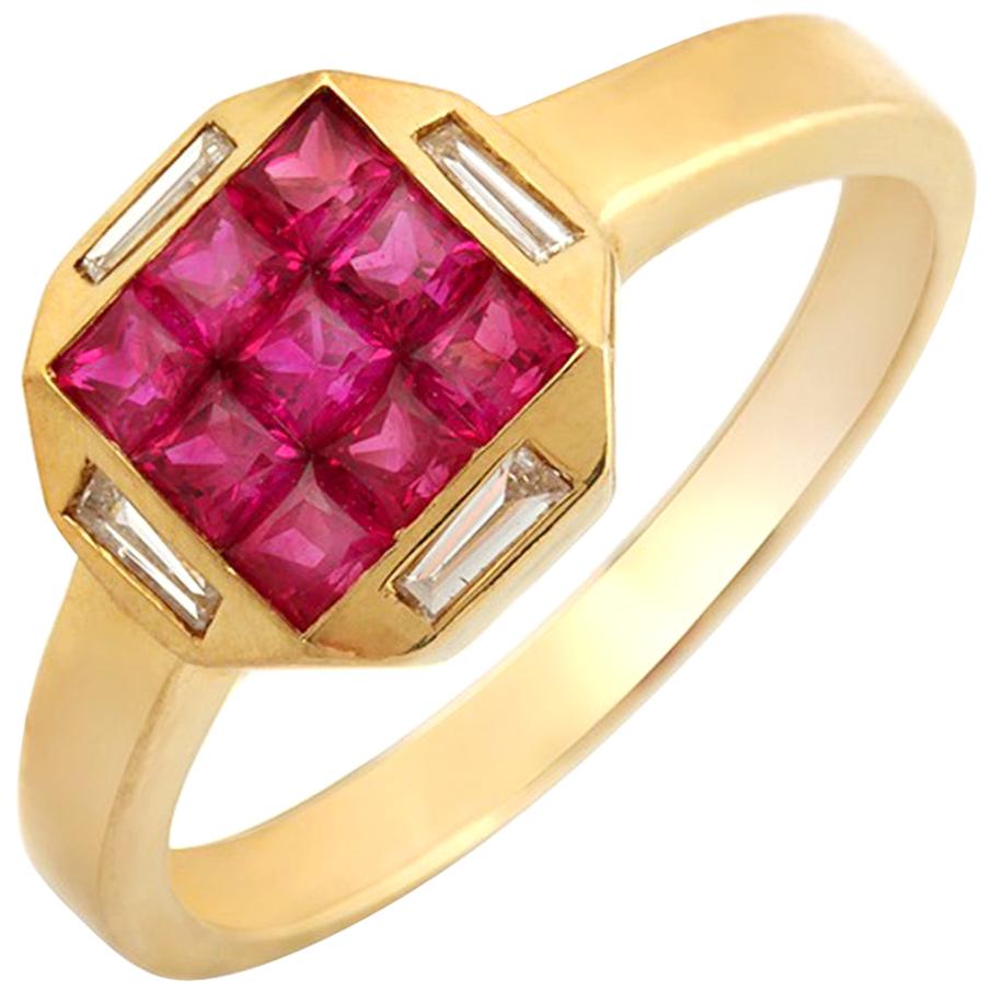 1.37 Carat Ruby and 0.15 Carat Diamonds 18 Karat Yellow Gold Band Ring For Sale