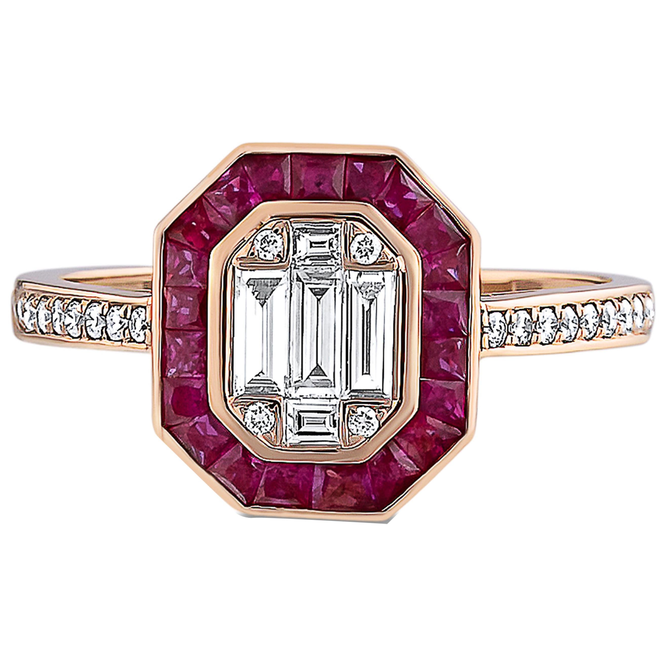 1.37 Carat Ruby Ring Set with Round and Baguette Diamonds 18 Karat Gold Ring For Sale