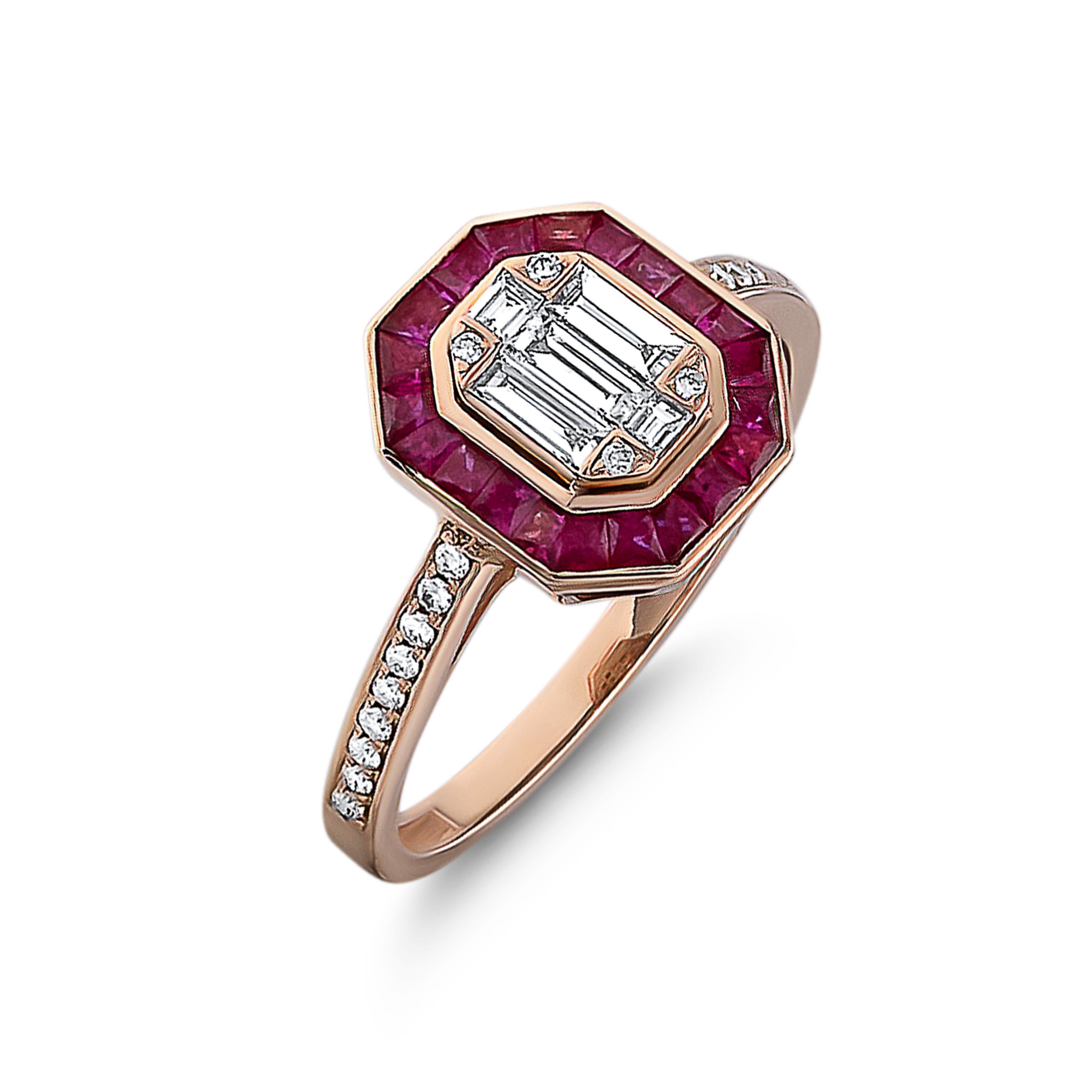 An amazing yellow gold ring set with Rubies, Baguette diamonds, and round diamonds.
The ring is set with 0.14 Carats of round diamonds, 0.26 Carats of Baguette diamonds, and a halo of Rubies weighing 1.37 Carats.
Totally the ring is set with 0.40