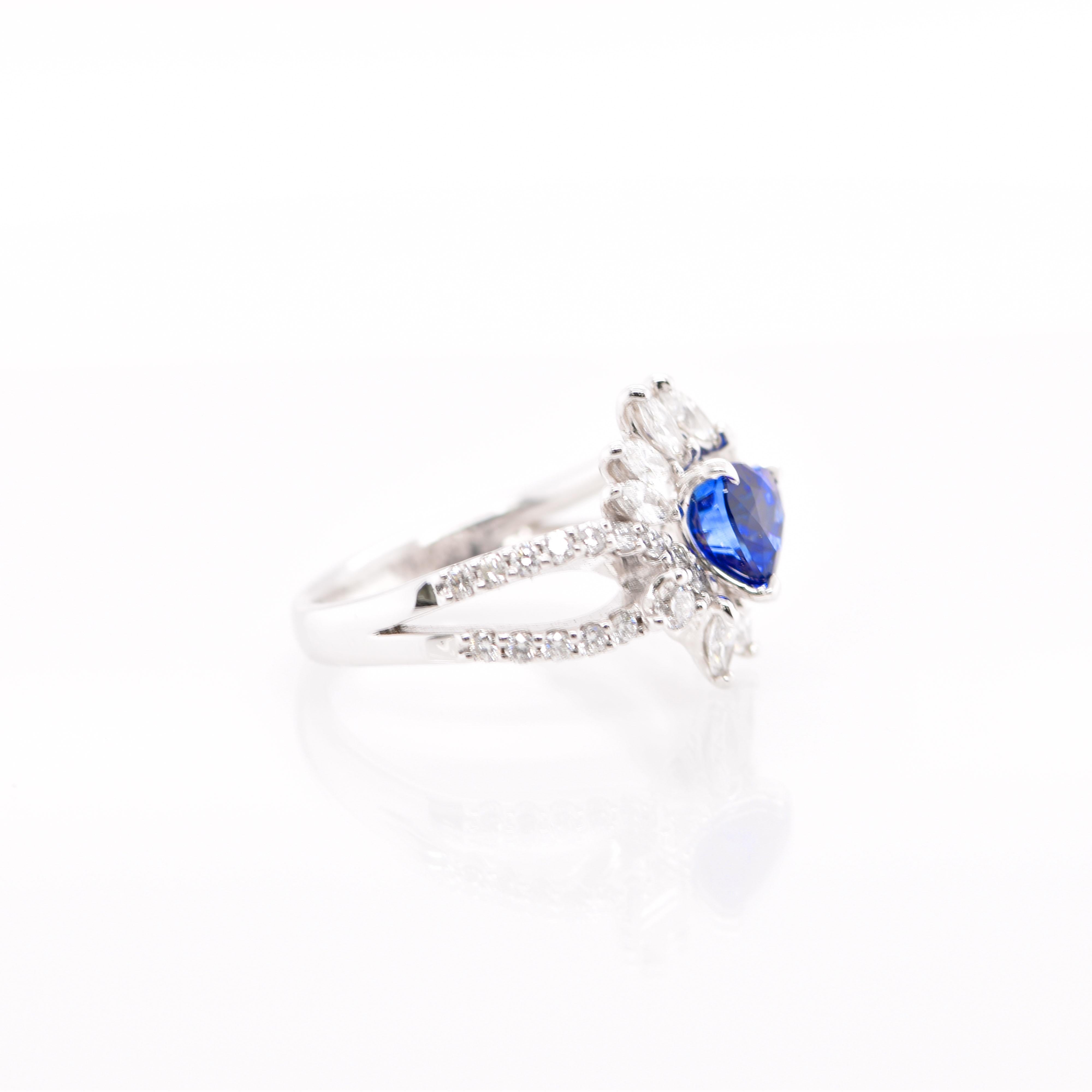 Modern 1.37 Carat Sapphire and Diamond Engagement Ring Set in Platinum
