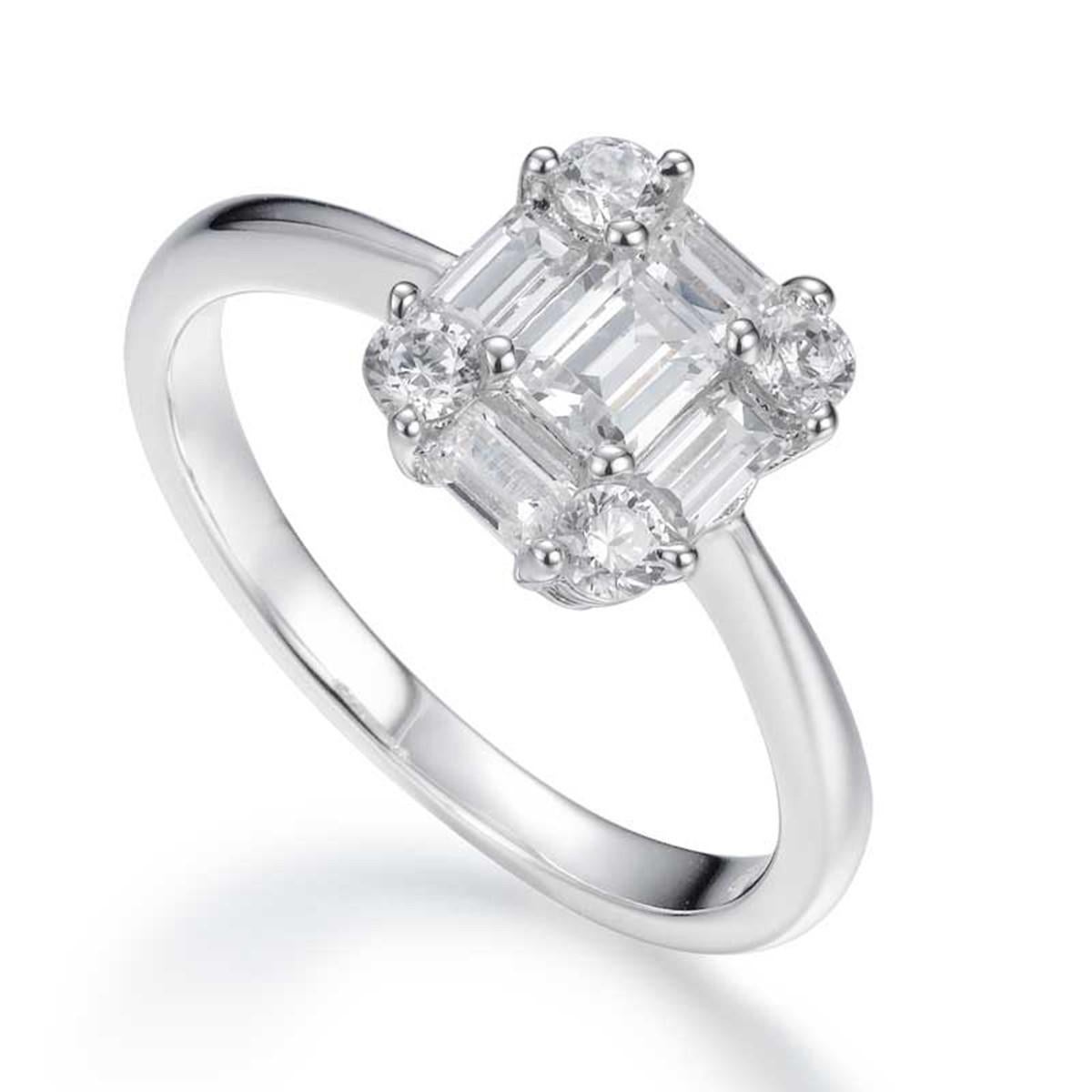 Art Deco 1.37 Carat Cubic Zirconia Diana Emerald Baguette Brilliant Cut Engagement Ring For Sale
