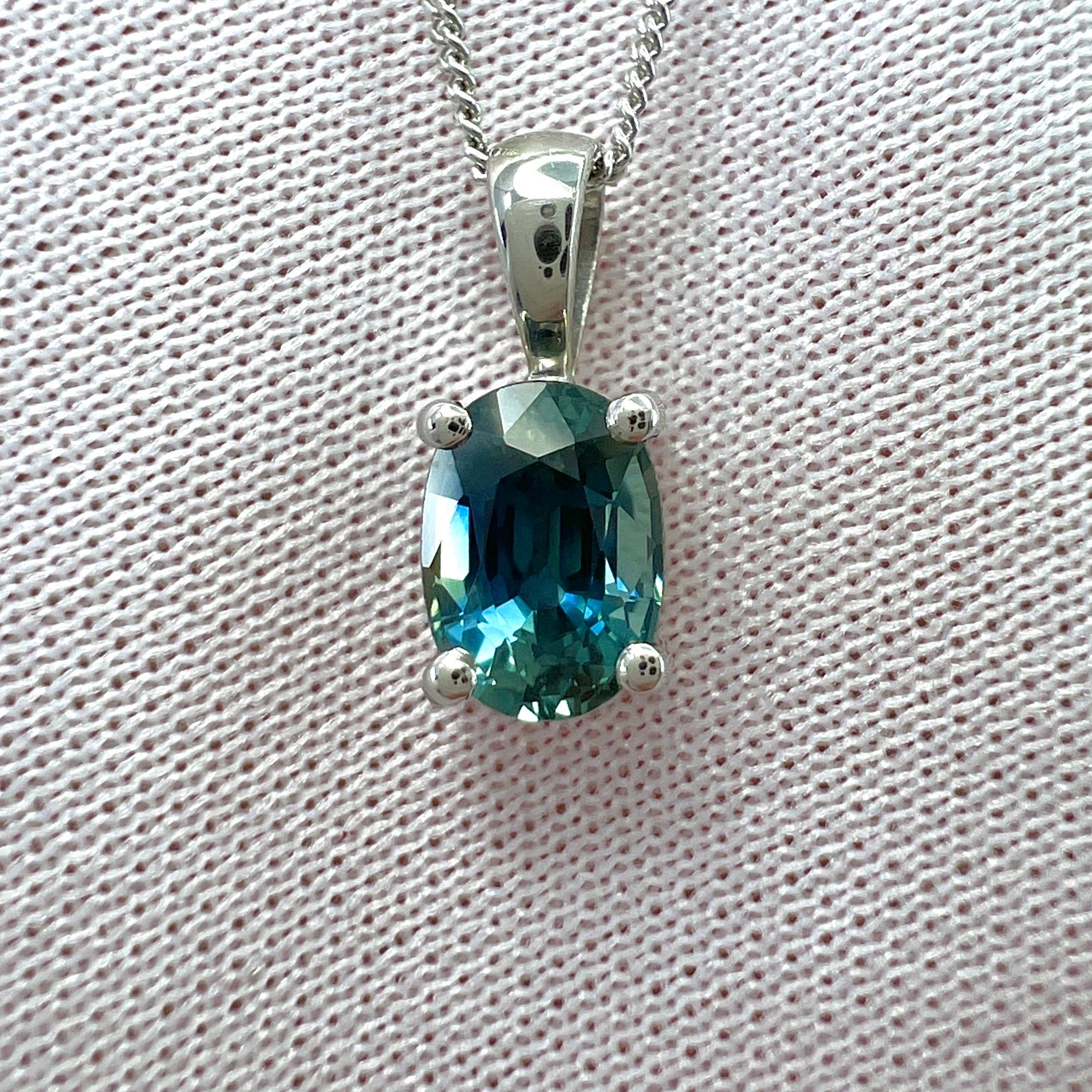 1.37 Carat Teal Blue Green Sapphire Platinum Oval Cut Solitaire Pendant Necklace For Sale 6