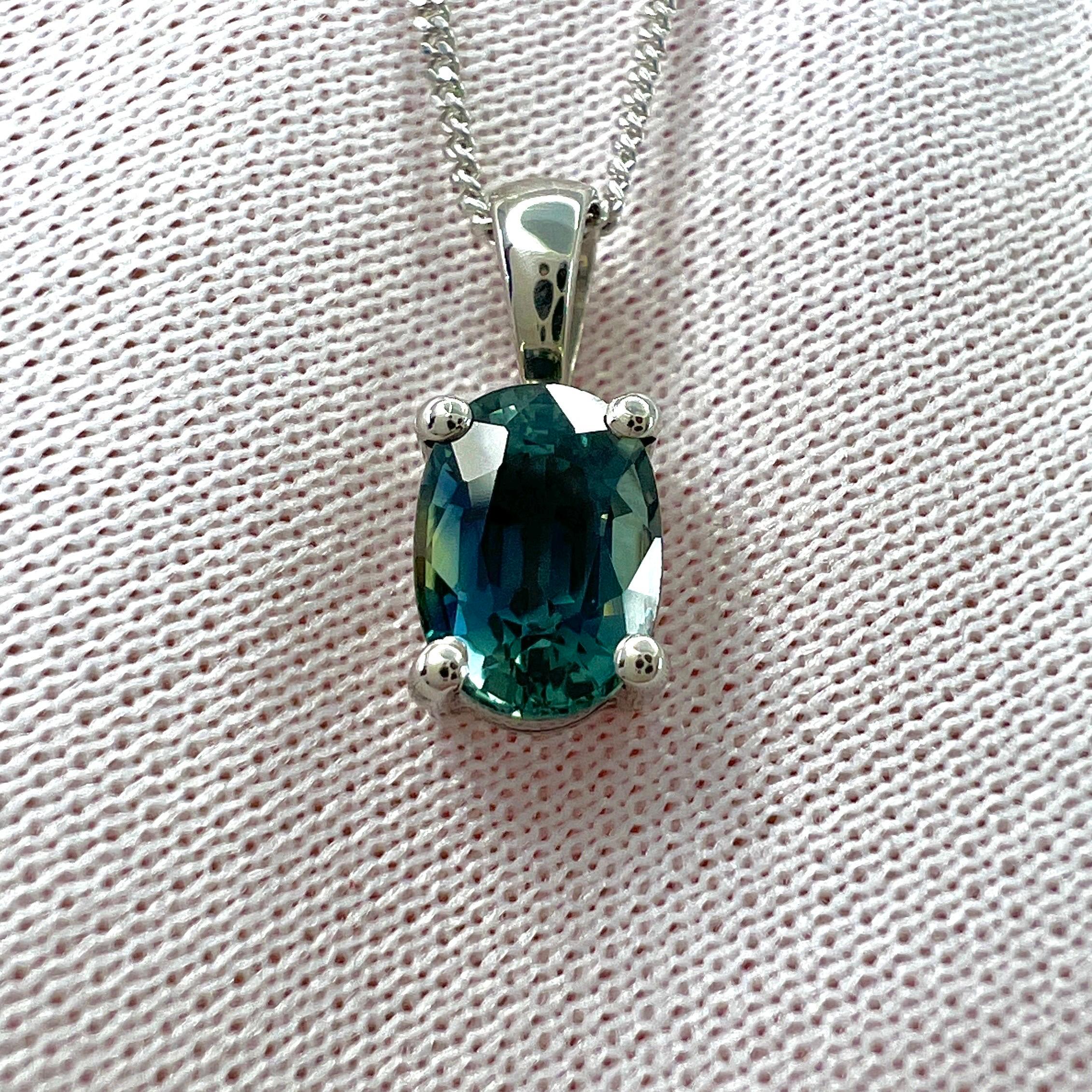 1.37 Carat Teal Blue Green Sapphire Platinum Oval Cut Solitaire Pendant Necklace In New Condition For Sale In Birmingham, GB