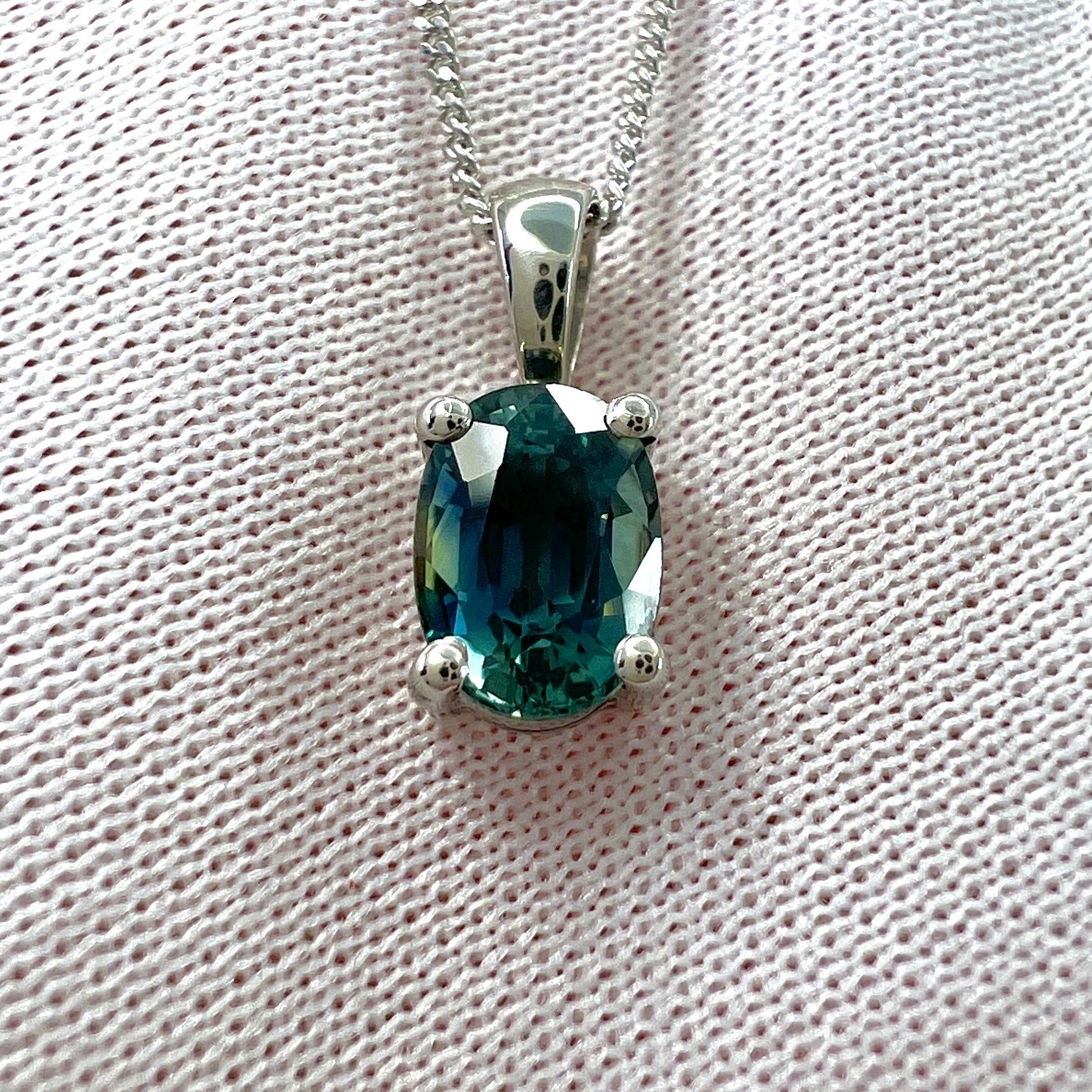 1.37 Carat Teal Blue Green Sapphire Platinum Oval Cut Solitaire Pendant Necklace In New Condition In Birmingham, GB