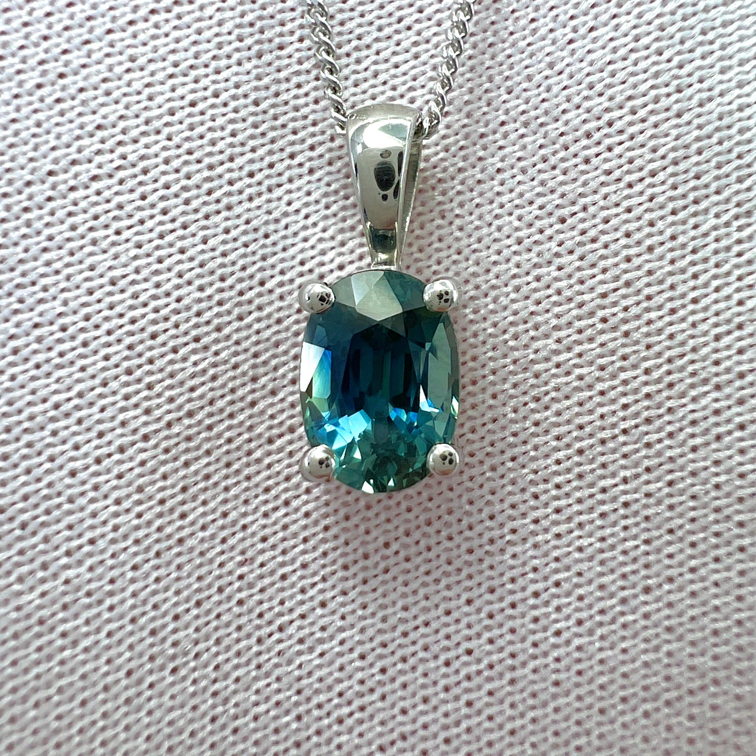 Women's or Men's 1.37 Carat Teal Blue Green Sapphire Platinum Oval Cut Solitaire Pendant Necklace