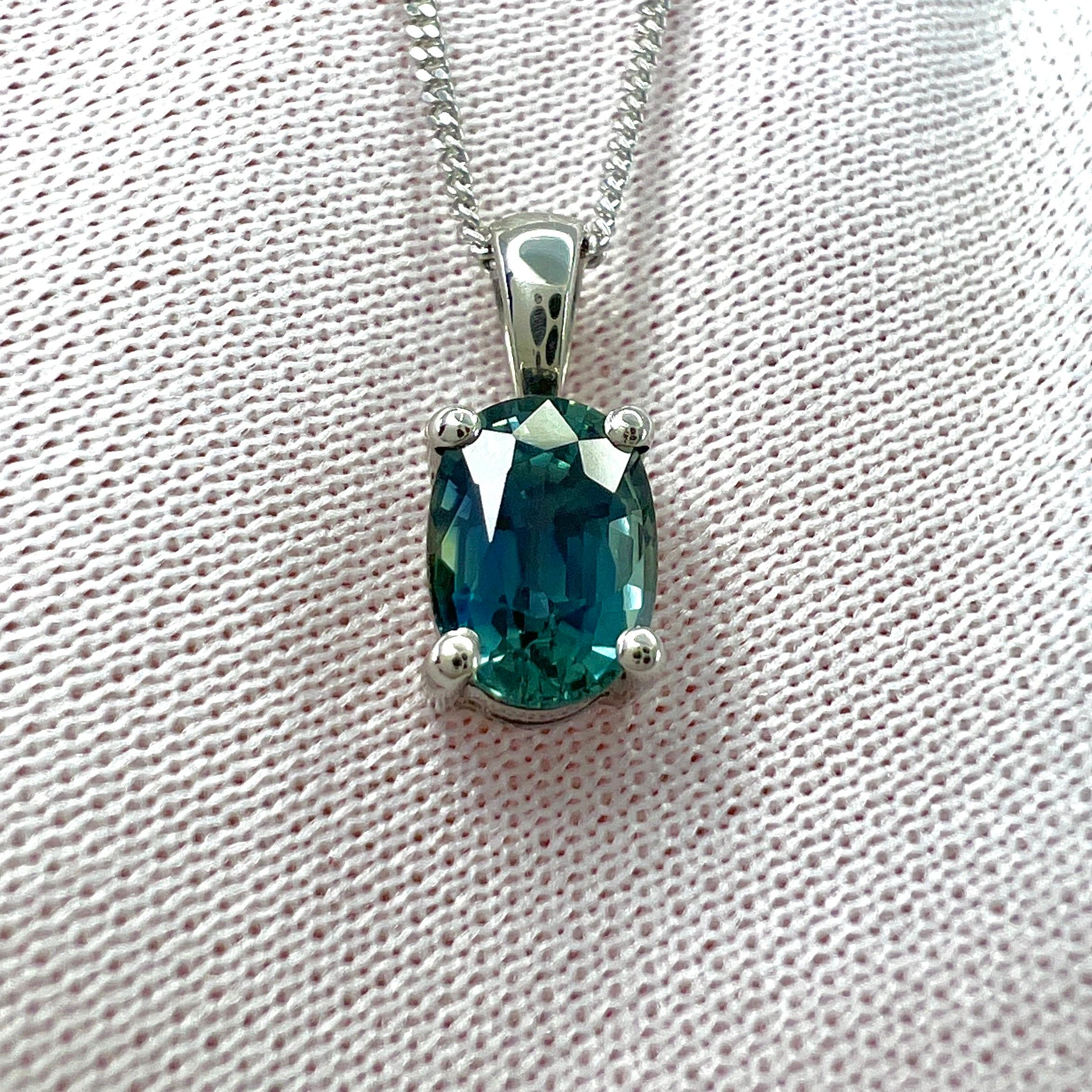 1.37 Carat Teal Blue Green Sapphire Platinum Oval Cut Solitaire Pendant Necklace For Sale 1