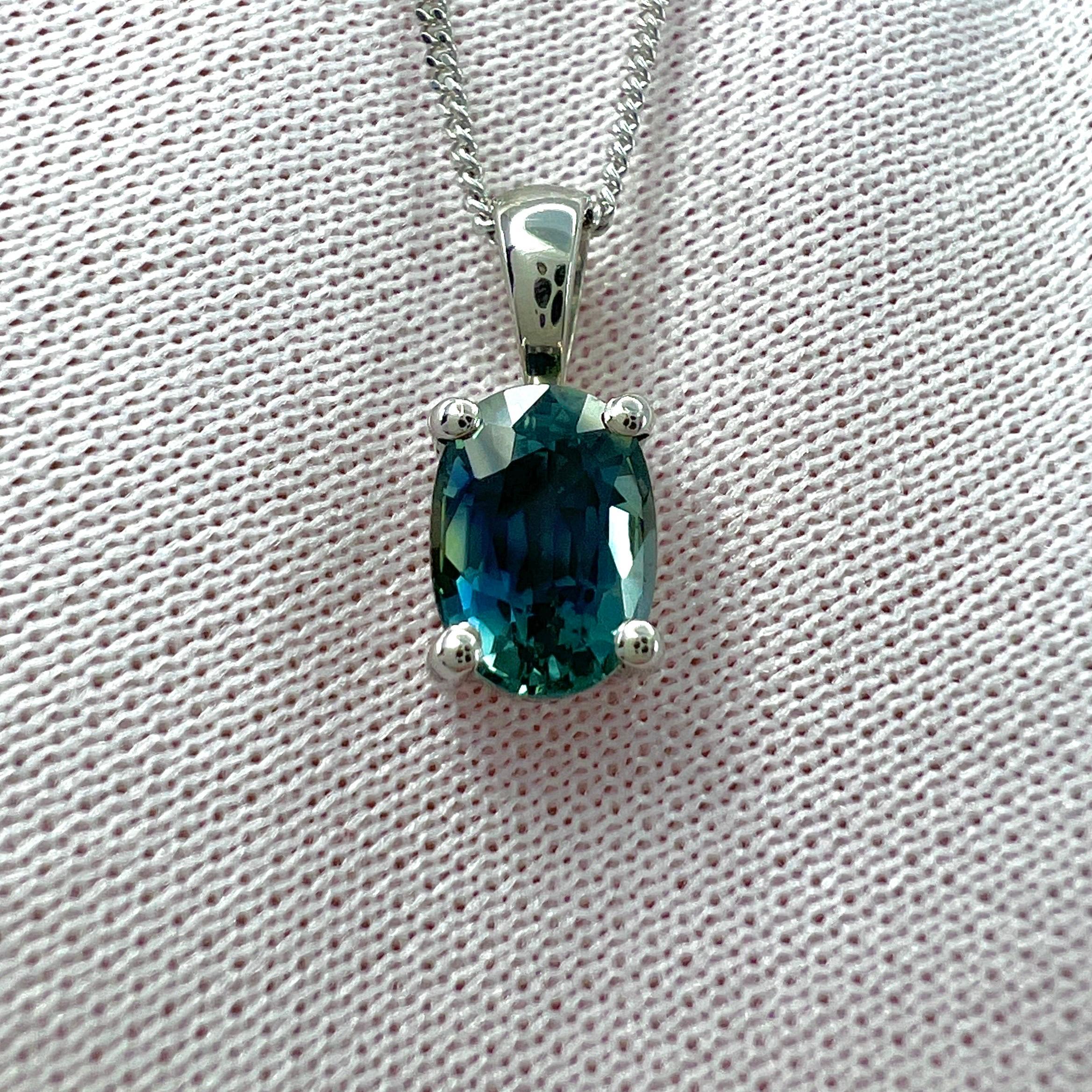 1.37 Carat Teal Blue Green Sapphire Platinum Oval Cut Solitaire Pendant Necklace For Sale 2